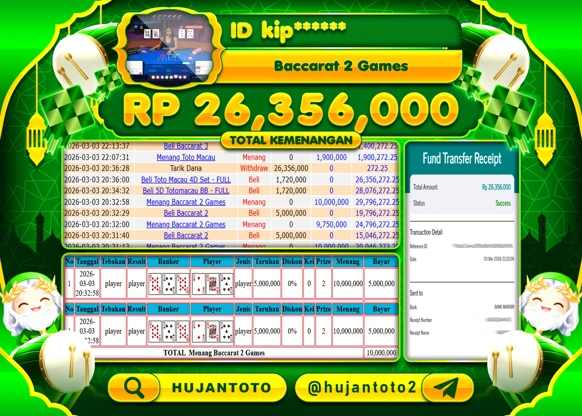 HUJANTOTO - BUKTI JACKPOT MENANG LIVE CASINO BACCARAT 2 GAMES Rp.26,356,000 - TERBAYAR LUNAS