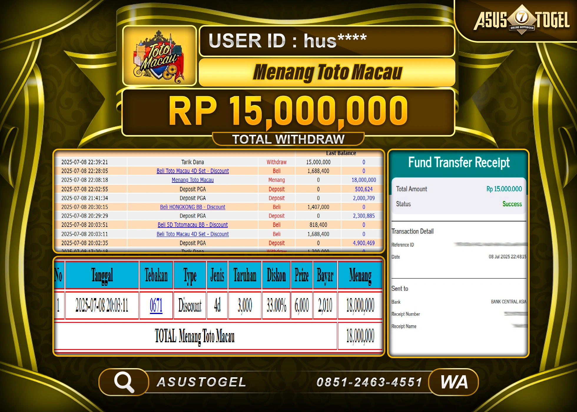 ASUSTOGEL KEMENANGAN DI TOGEL TOTO MACAU SEBESAR 15,000,000- RUPIAH LUNAS