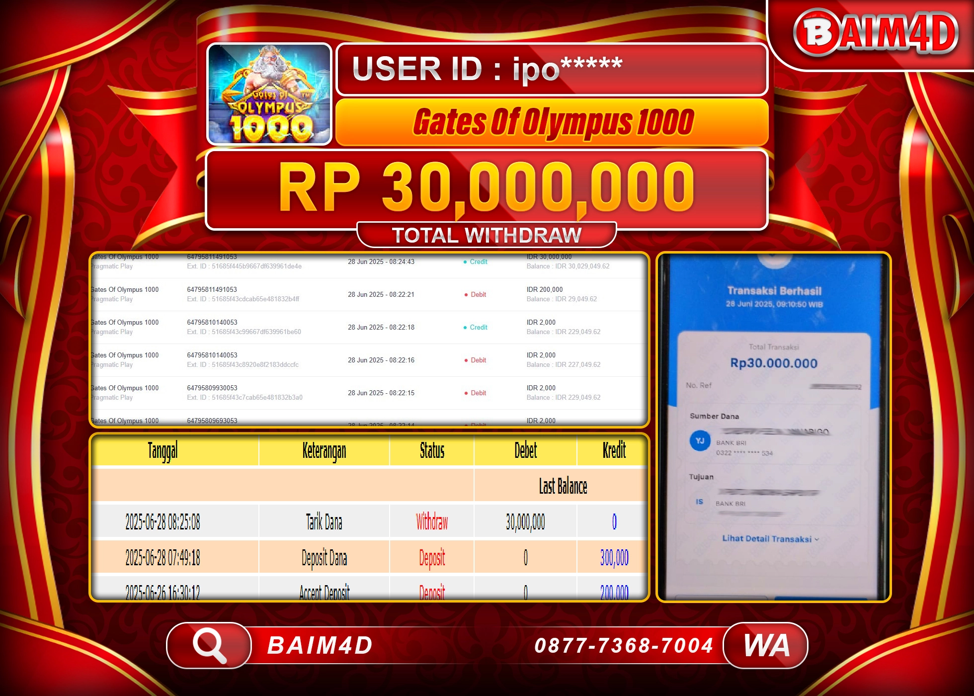 BAIM4D JACKPOT SLOT  Gates Of Olympus 1000 Rp.30,000,000.- LUNAS