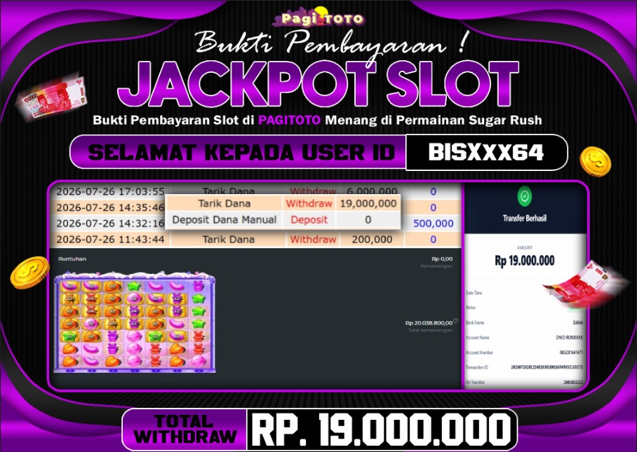 HAPPY JACKPOT MEMBER PAGITOTO SLOT SUGAR RUSH Rp 19.000.000-, - LUNAS