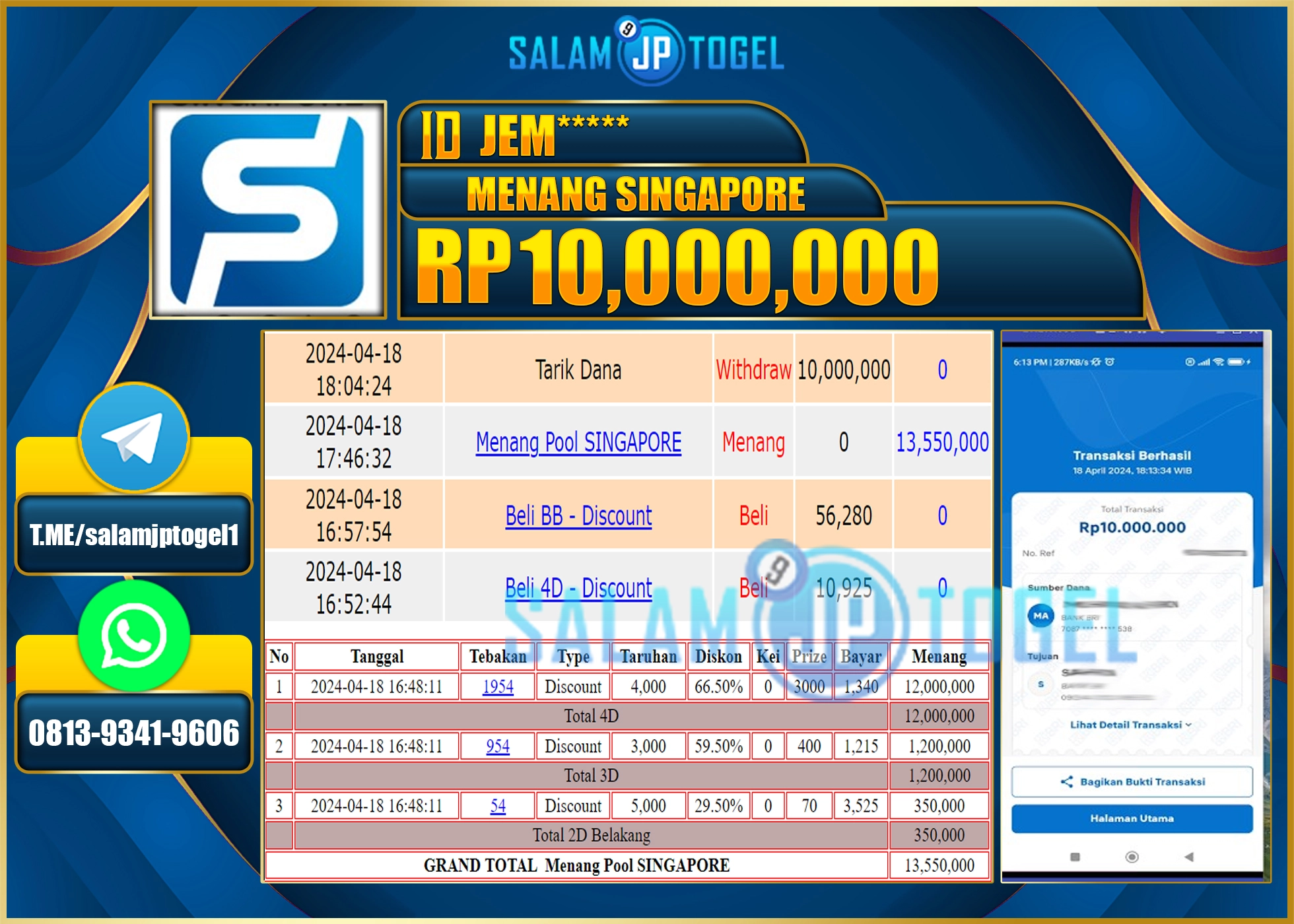 SALAMJPTOGEL JACKPOT TOGEL PASARAN SINGAPORE RP.10.000.000.,- LUNAS