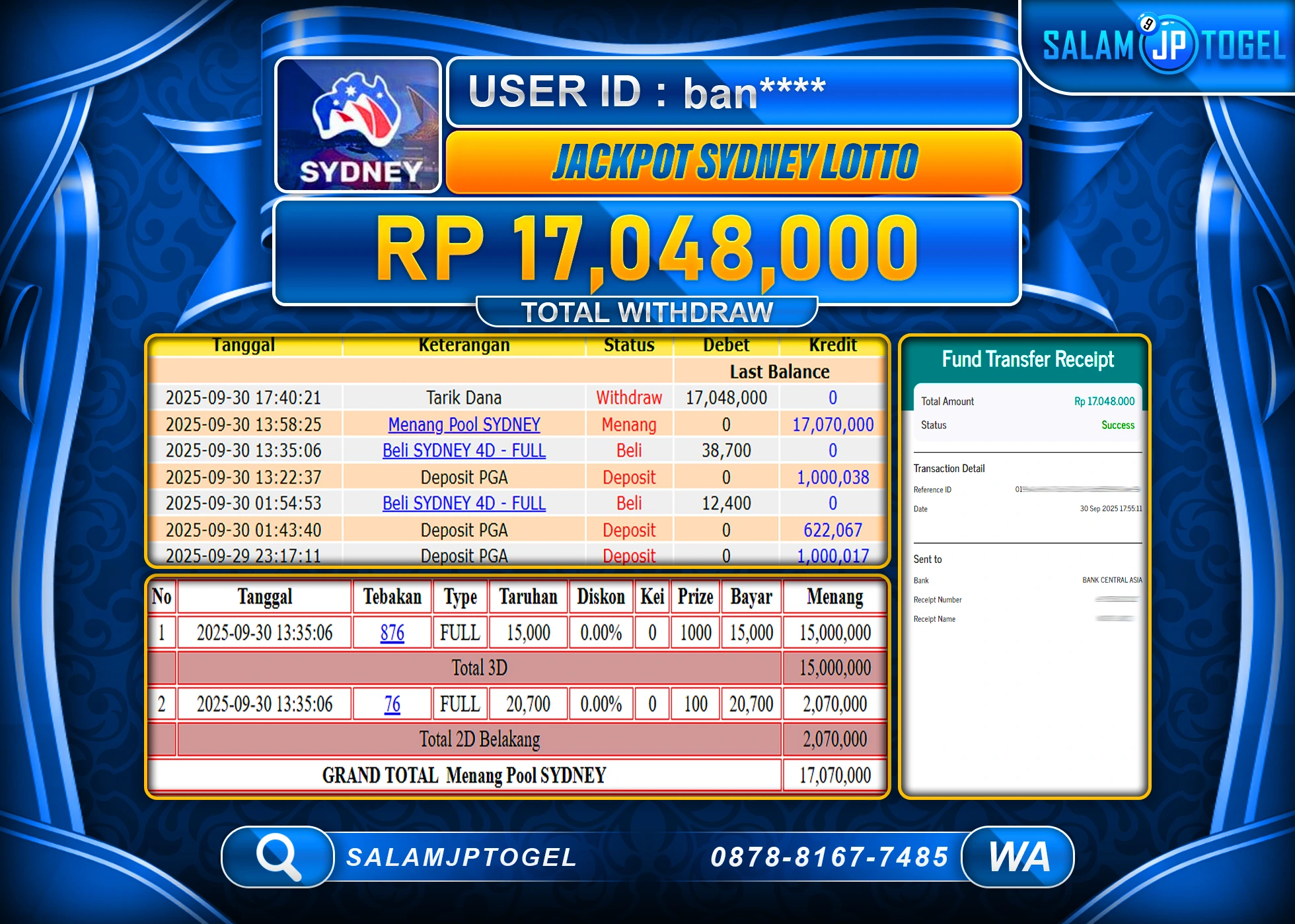 SALAMJPTOGEL MENANG JACKPOT SYDNEY LOTTO RP. 17,048,000