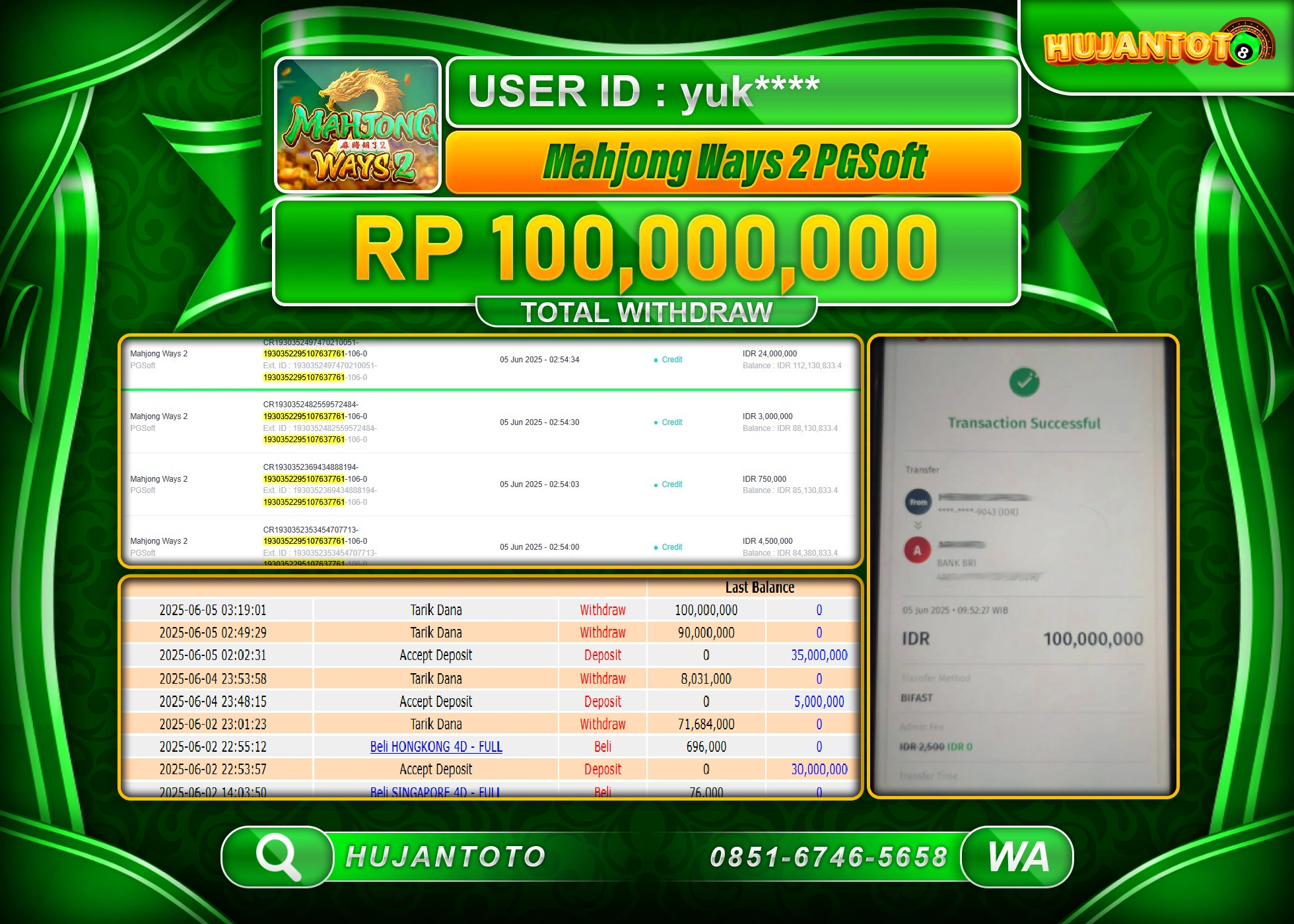 HUJANTOTO - BUKTI JACKPOT MENANG SLOT MAHJONG WAYS 2 Rp,100,000,000 - TERBAYAR LUNAS