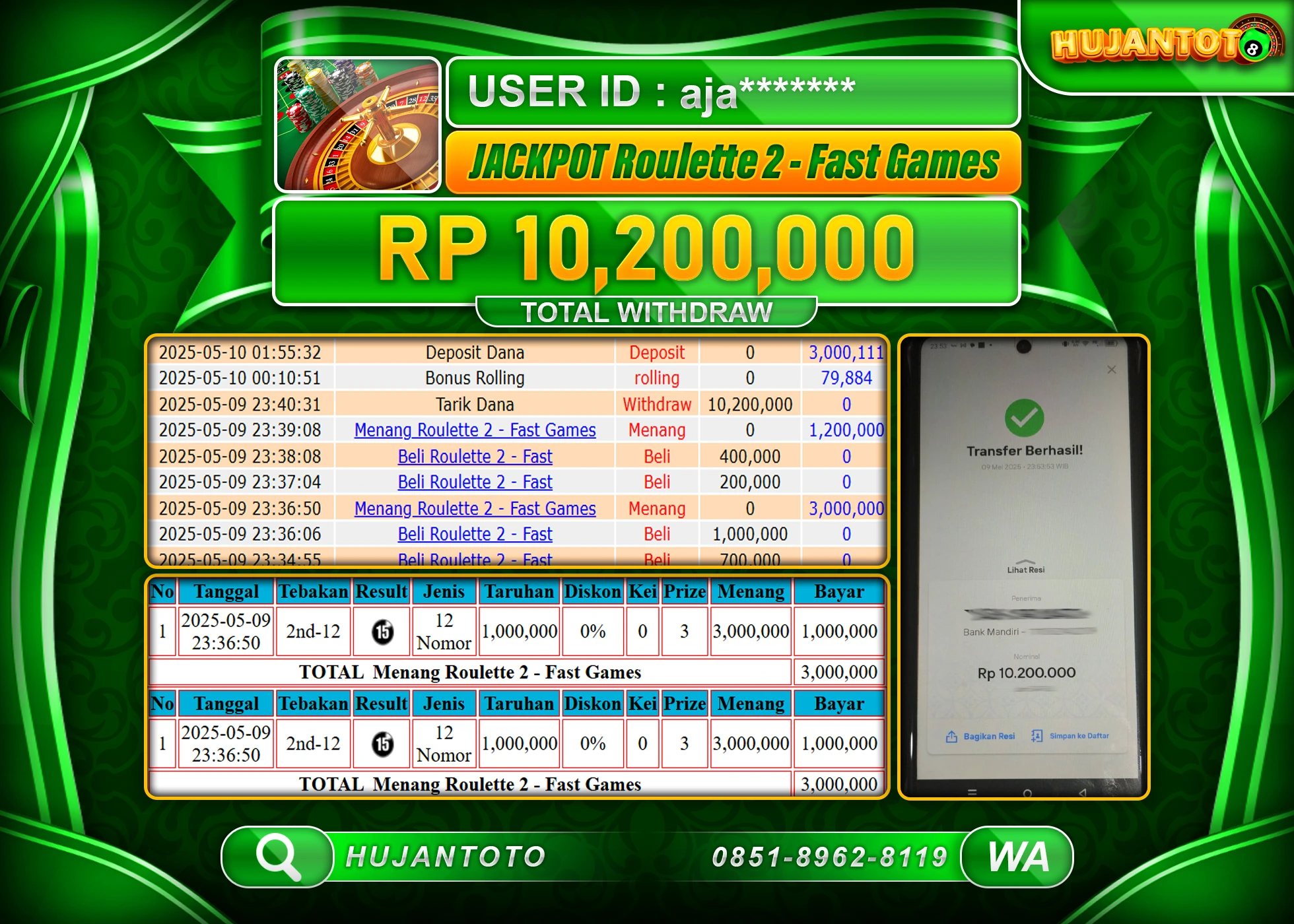 HUJANTOTO - BUKTI JACKPOT MENANG LIVEGAMES ROULETTE 2 - FAST GAMES Rp,10,200,000 - TERBAYAR LUNAS