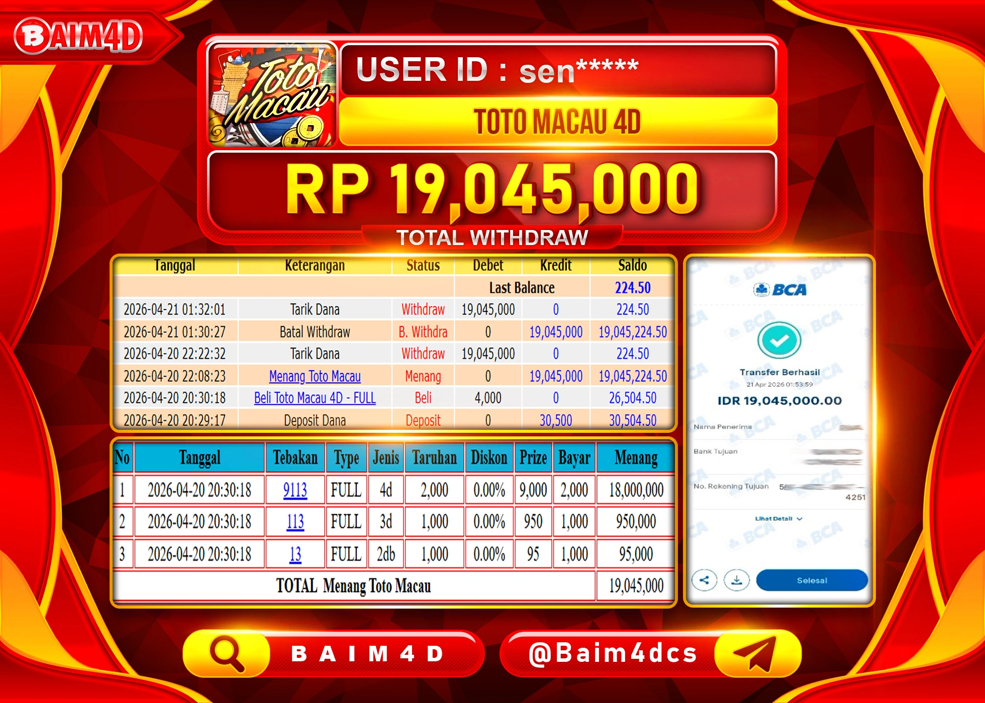 BAIM4D JACKPOT TOGEL TOTO MACAU 4D Rp.19,045,000 - LUNAS