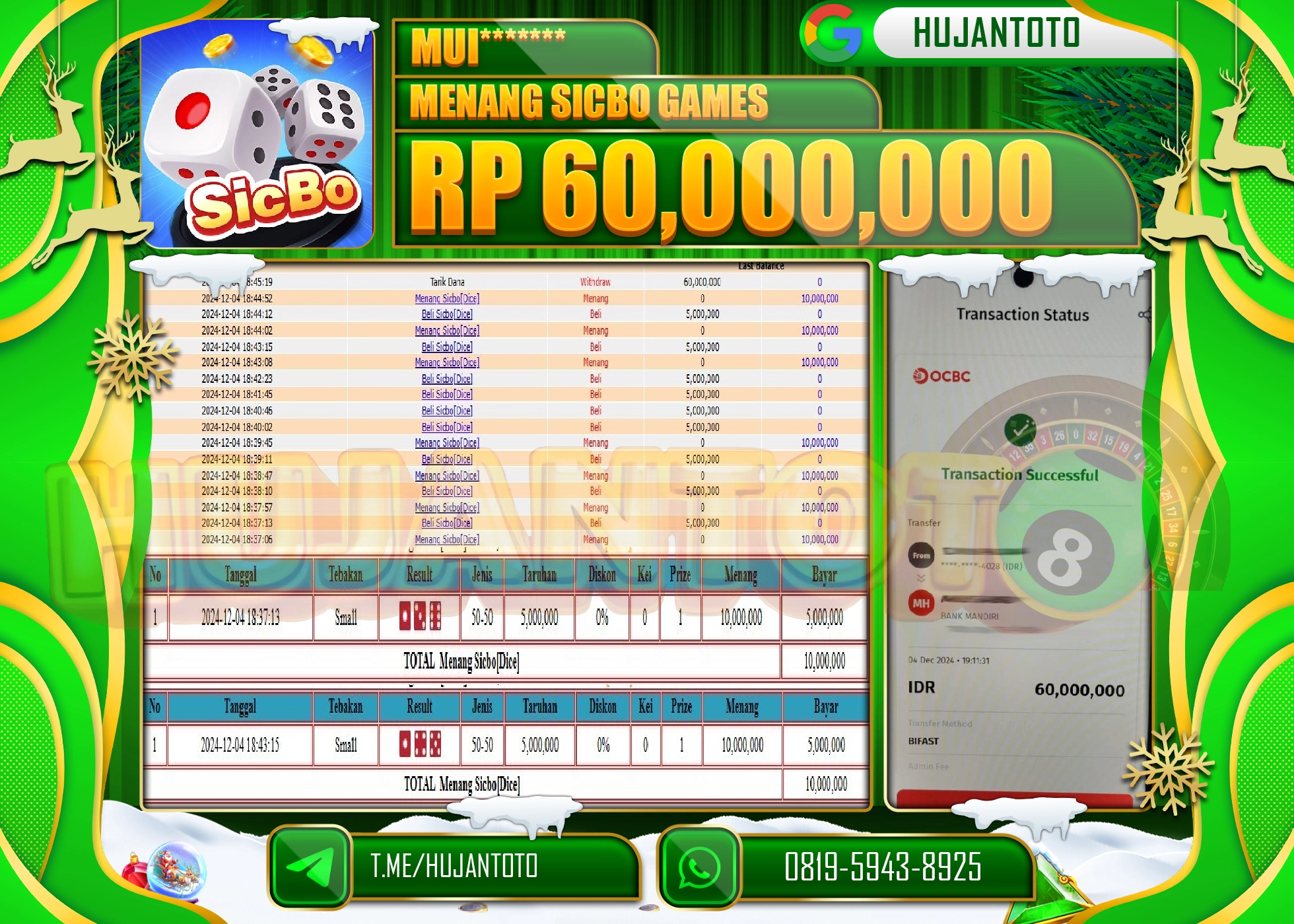 HUJANTOTO ATAS KEMENANGAN BESAR YANG  DI RAIH DI PERMAINAN LIVE GAME SICBO DICE GAMES SEBESAR   - 60,000,000 - LUNAS 