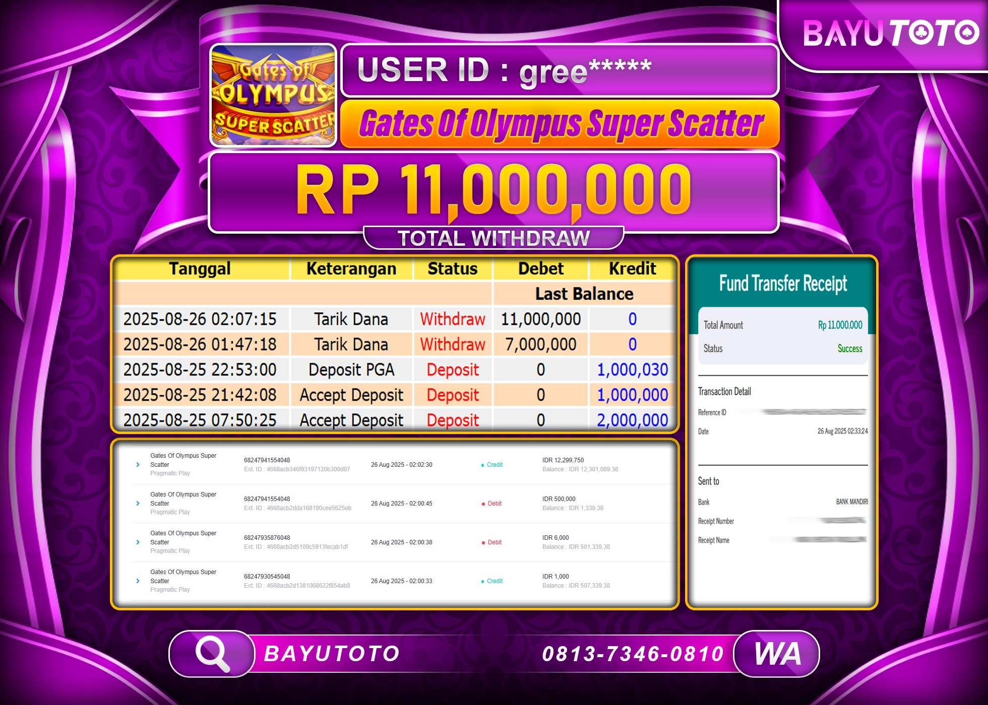 BAYUTOTO JACKPOT GATE OF OLYMPUS SUPER SCATTER Rp.11,000,000 LUNAS