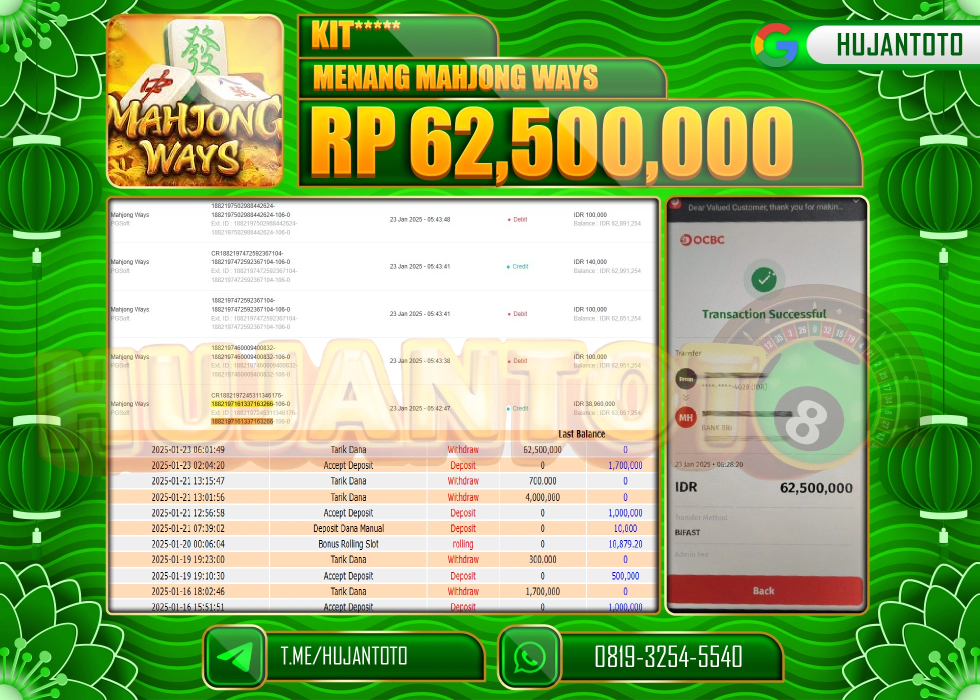 HUJANTOTO - BUKTI JACKPOT DI PERMAINAN SLOT MAHJONG WAYS Rp,62,500,000 - TERBAYAR LUNAS