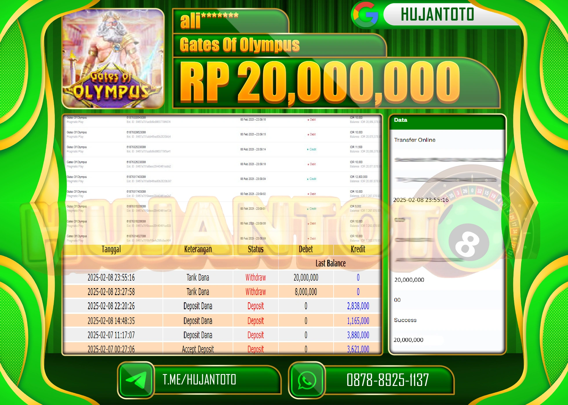 HUJANTOTO - BUKTI JACKPOT MENANG SLOT GATES OF OLYMPUS  Rp, 20,000,000 - TERBAYAR LUNAS