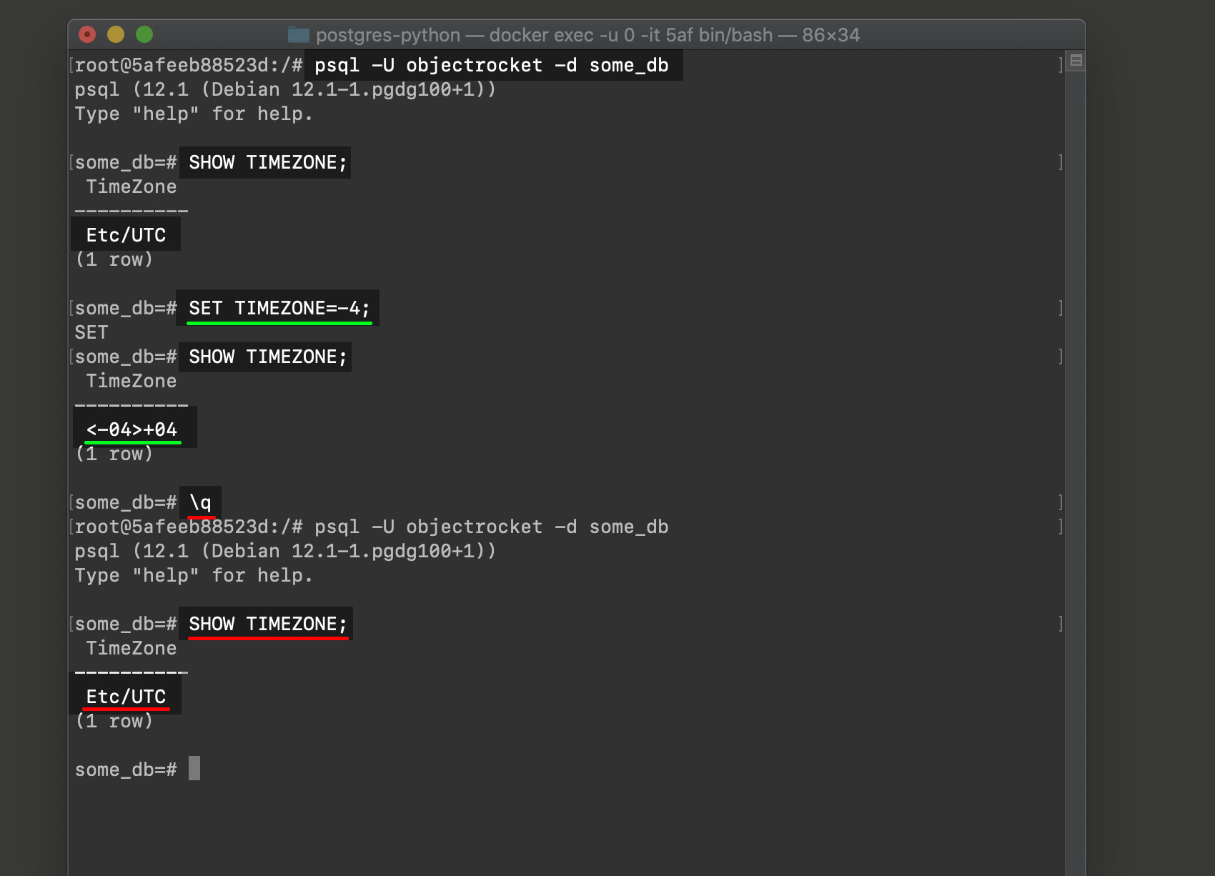 Screenshot of psql Postgres SET TIMEZONE session only changes back