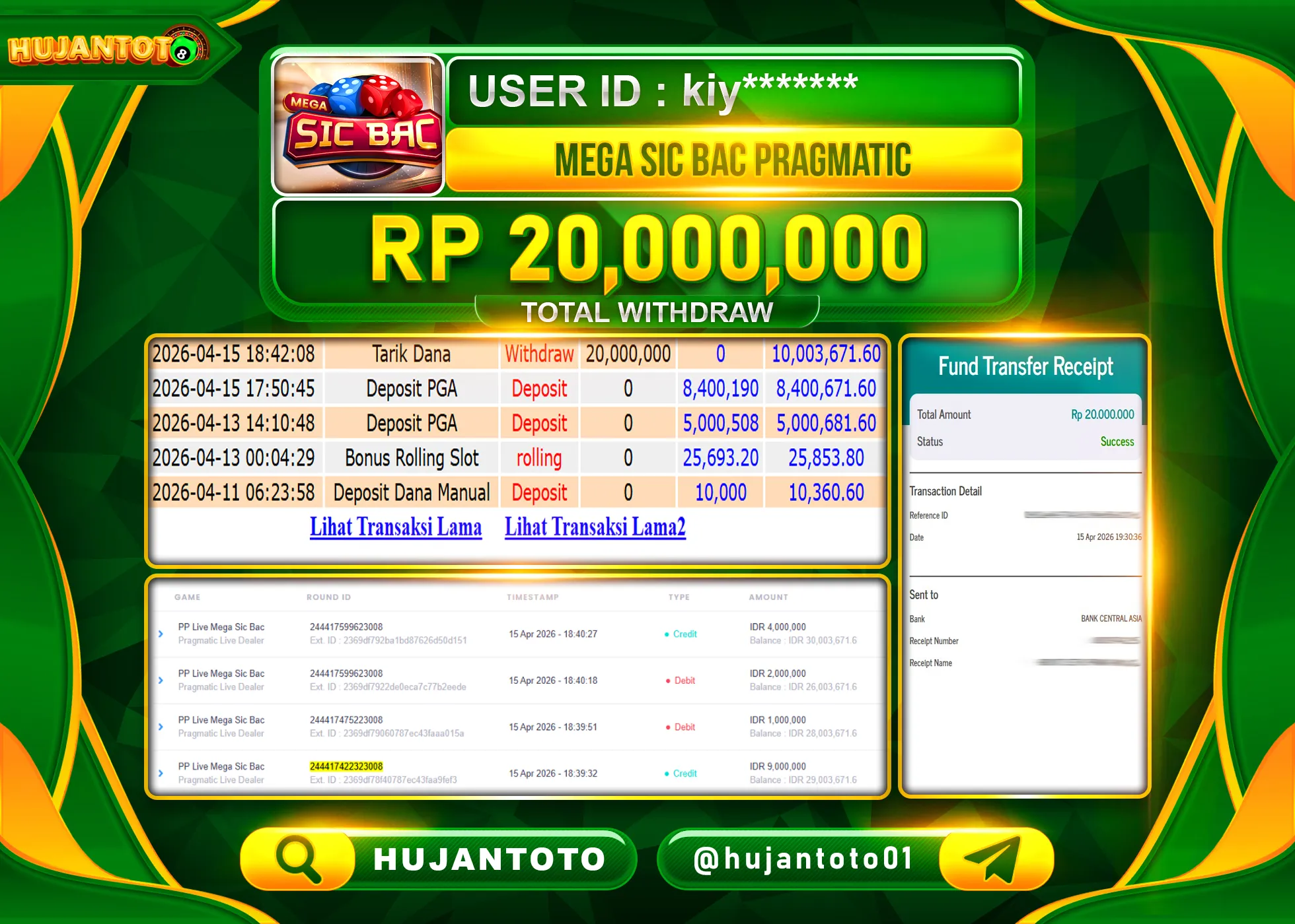 HUJANTOTO - BUKTI JACKPOT MENANG LIVEGAMES MEGA SIC BAC PRAGMATIC Rp.20,000,000 - TERBAYAR LUNAS
