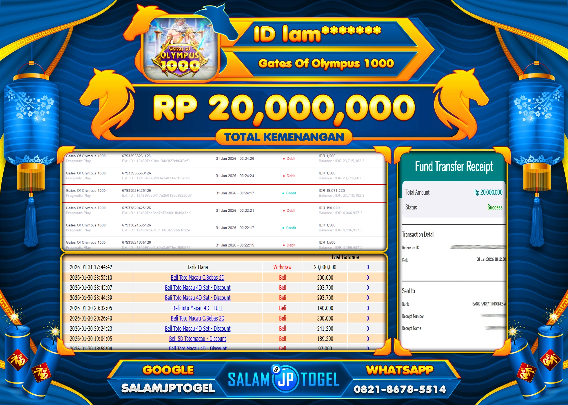 SALAMJPTOGEL JACKPOT GATES OF OLYMPUS 1000 Rp.20,000,000 - LUNAS