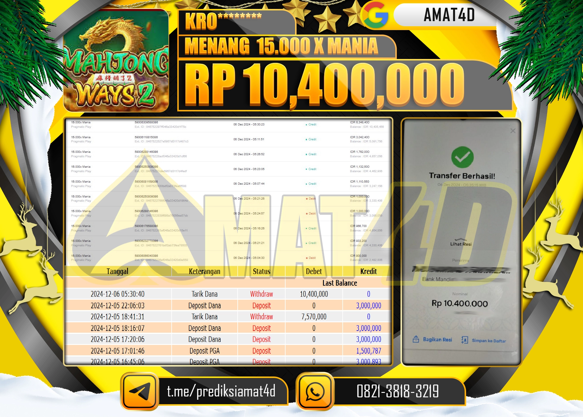AMAT4D JACKPOT MENANG 15.000X MANIA Rp.10.400.000 BERHASIL DI BAYAR LUNAS