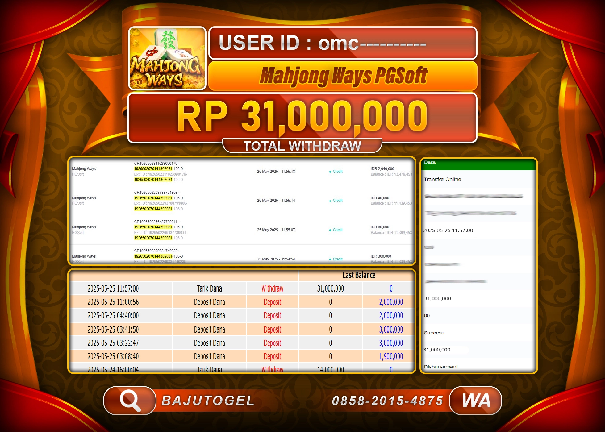BAJUTOGEL KEMENANGAN  JACKPOT MAHJONG WAYS Rp.31.000.000 LUNAS
