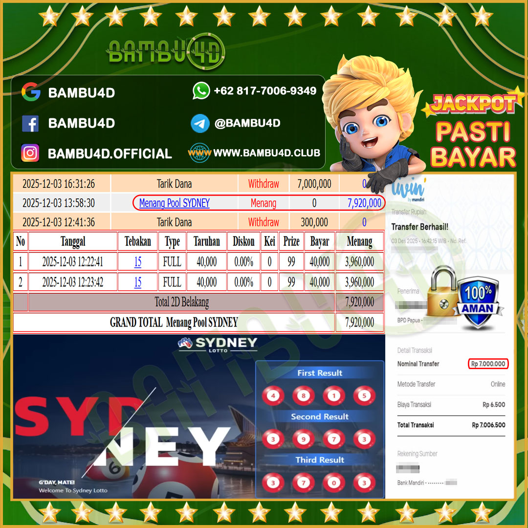 BAMBU4D JACKPOT TOGEL SYDNEY LOTTO Rp.7.920.000,- LUNAS