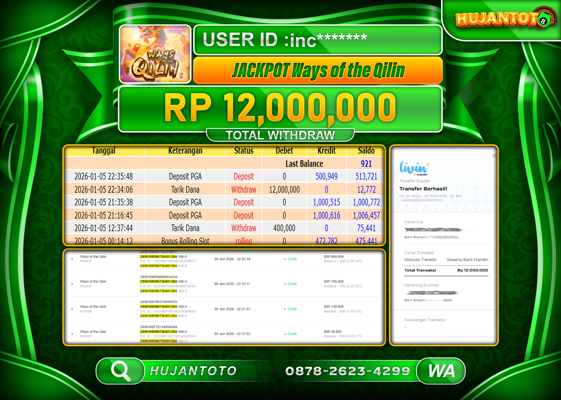HUJANTOTO - BUKTI JACKPOT MENANG SLOT Ways of the Qilin(PGSoft) Rp.12,000,000 - TERBAYAR LUNAS