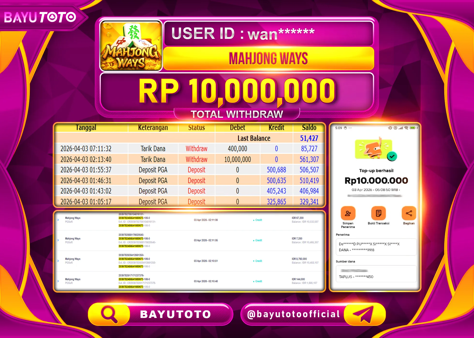 SELAMAT MEMBER SETIA BAYUTOTO JACKPOT DI SLOT MAHJONG WAYS  (PGSOFT) Rp. 10,000,000 LUNAS
