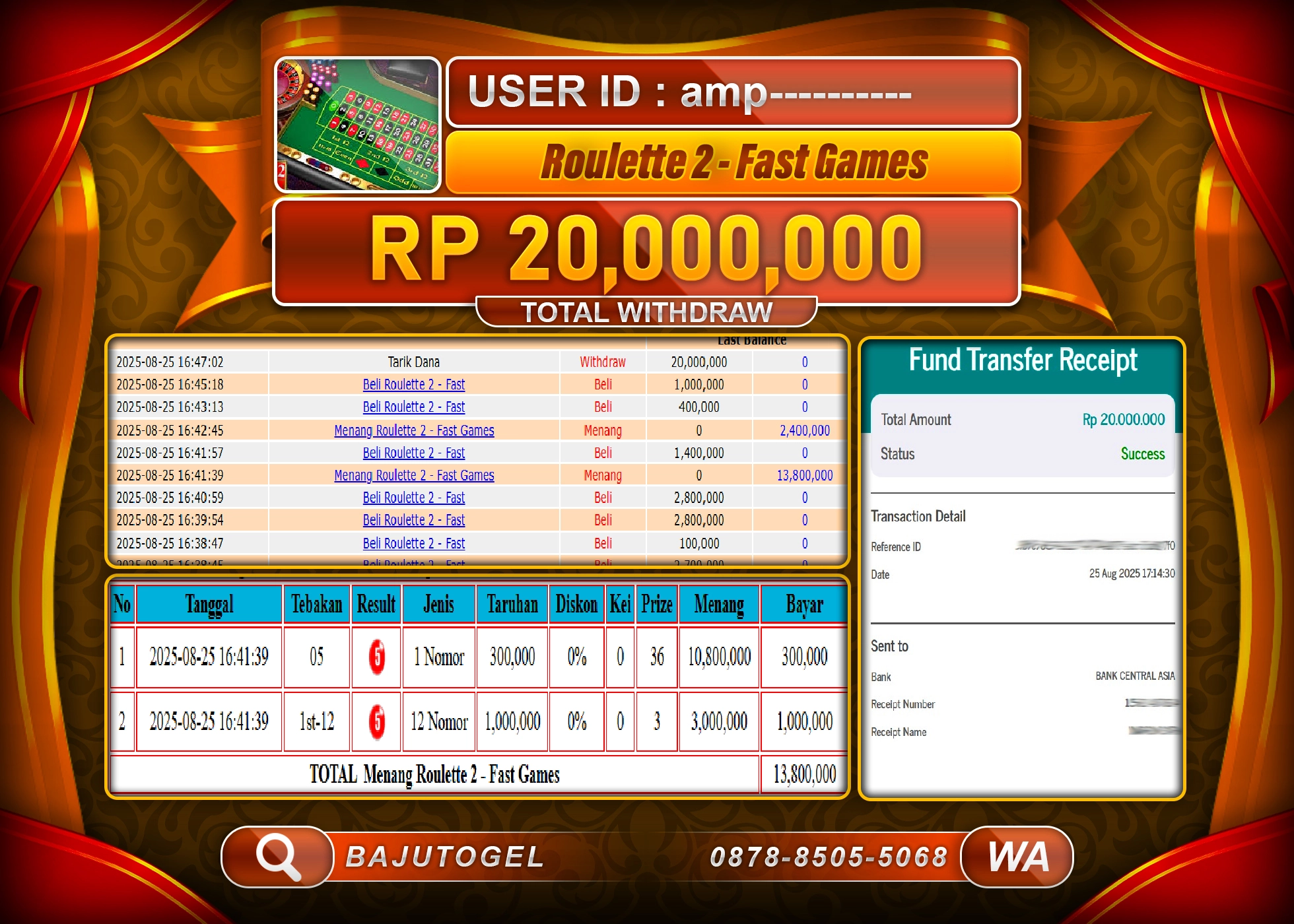 BAJUTOGEL KEMENANGAN ROULETTE 2 - FAST GAMES Rp.20.000.000 LUNAS