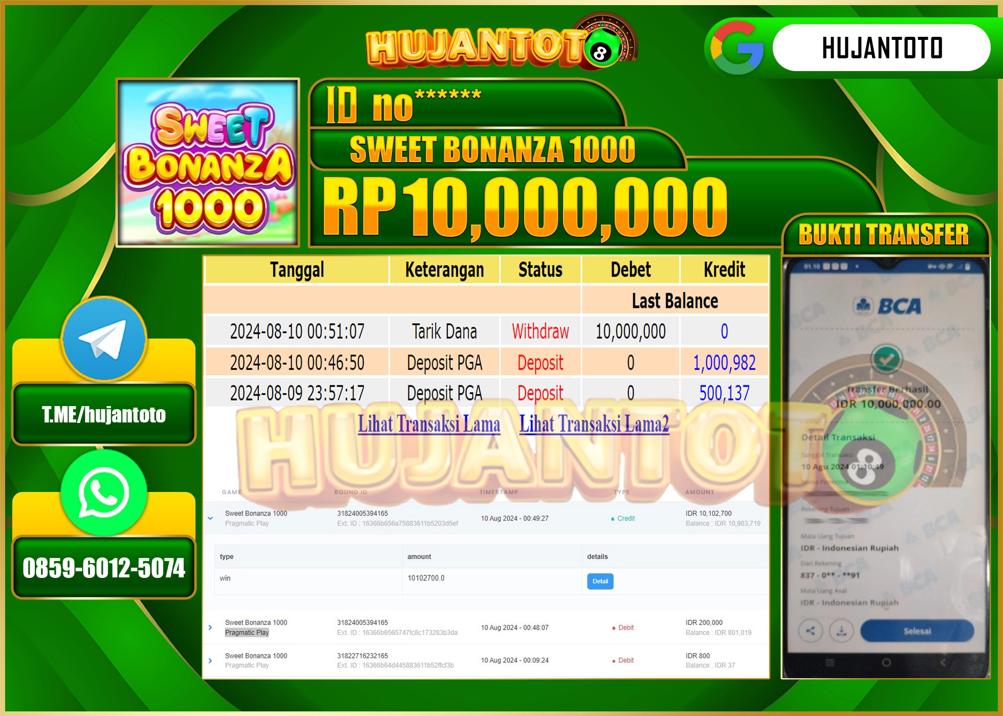 HUJANTOTO MENANG BESAR DI PERMAINAN SLOT SWEET BONANZA 1000 10.000.000 - LUNAS 