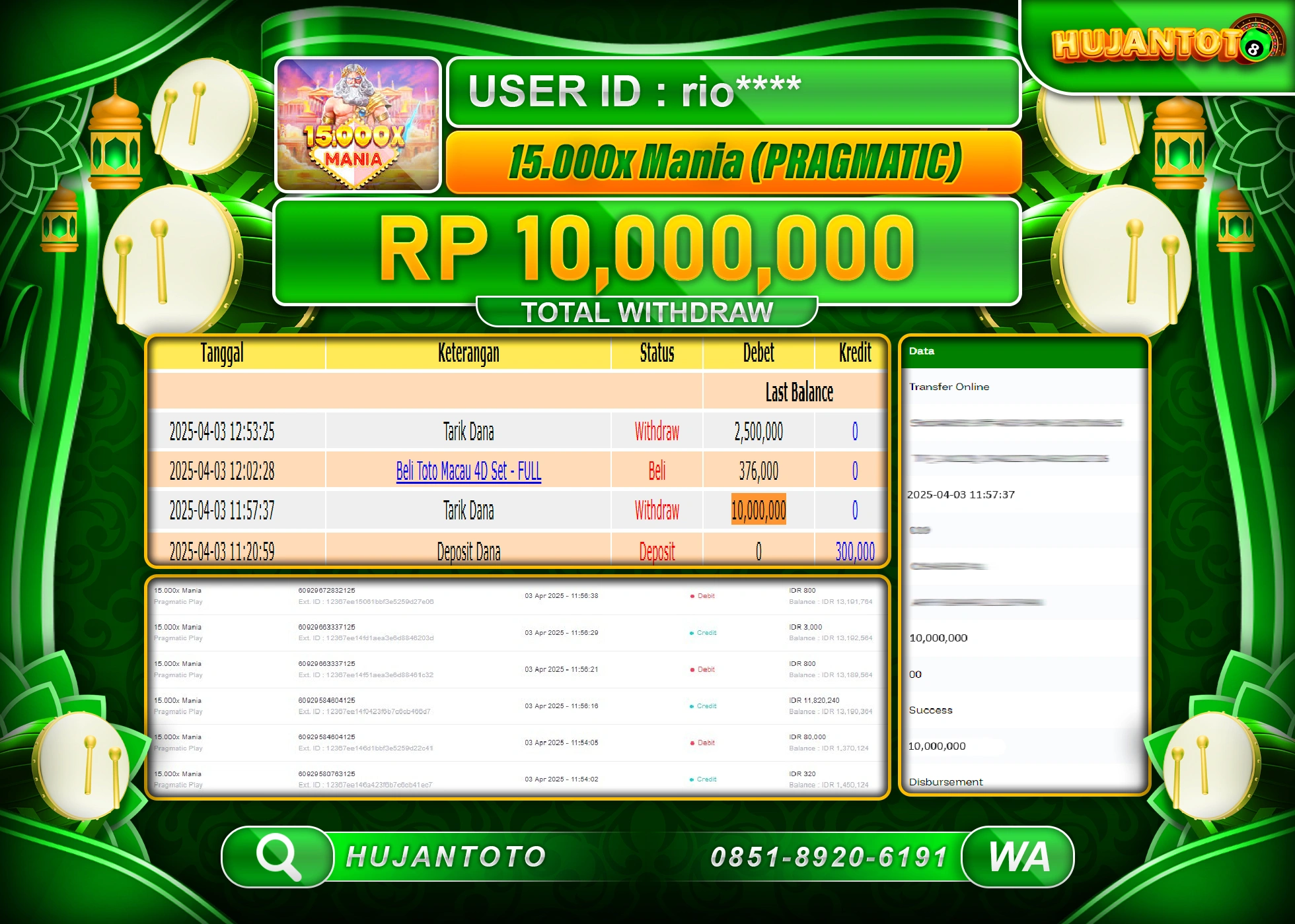 HUJANTOTO - BUKTI JACKPOT MENANG SLOT 15.000X MANIA PRAGMATIC Rp.10,000,000 - TERBAYAR LUNAS