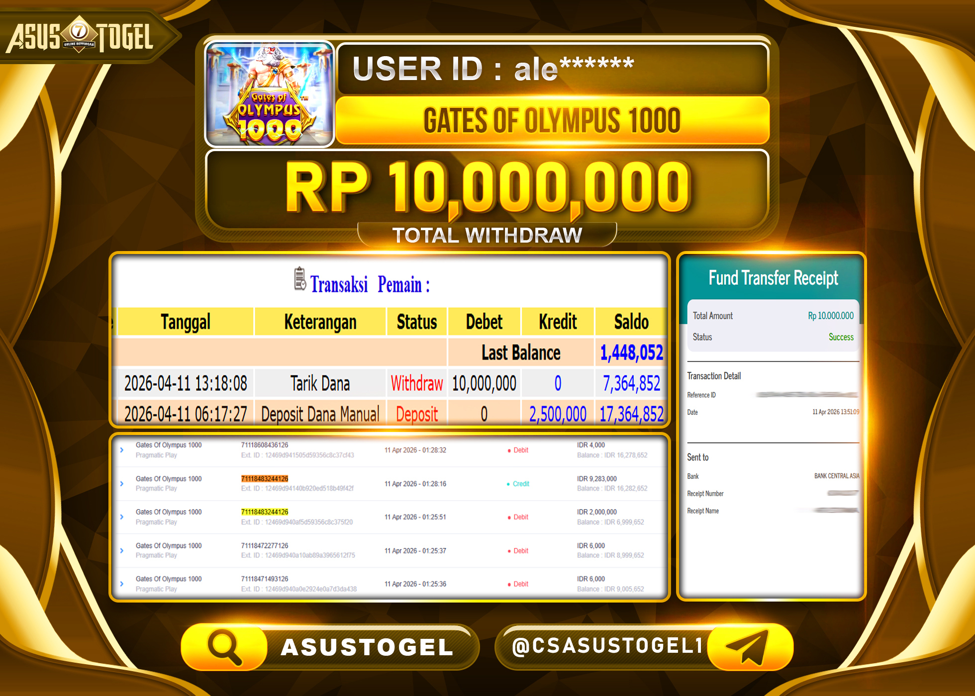 ASUSTOGEL KEMENANGAN JACKPOT DI PERMAINAN GATES OF OLYMPUS 1000 SEBESAR Rp.10,000,000 - RUPIAH LUNAS