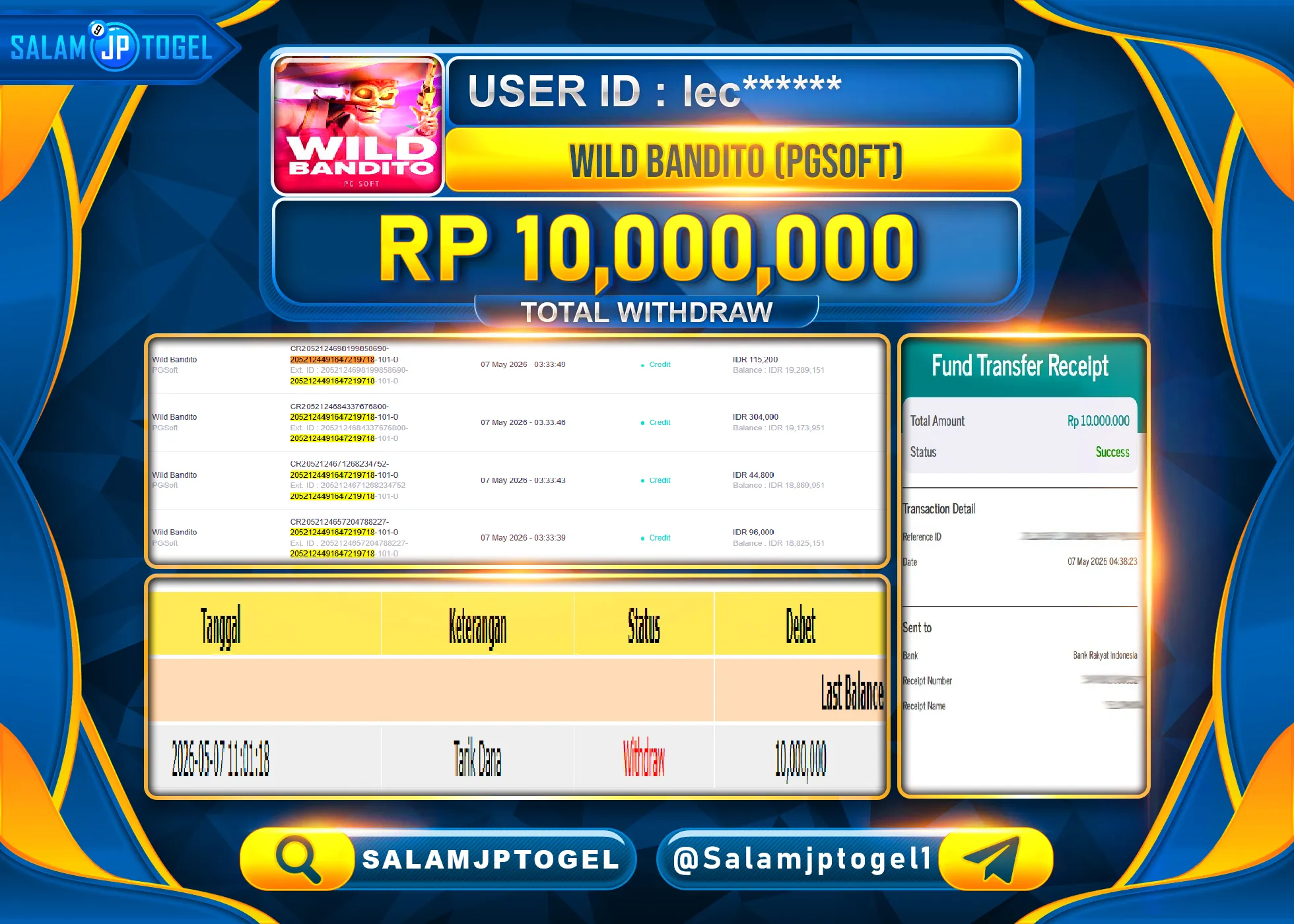 SALAMJPTOGEL MENANG Menang Wild Bandito (PG Soft) Rp.10,000,000- LUNAS