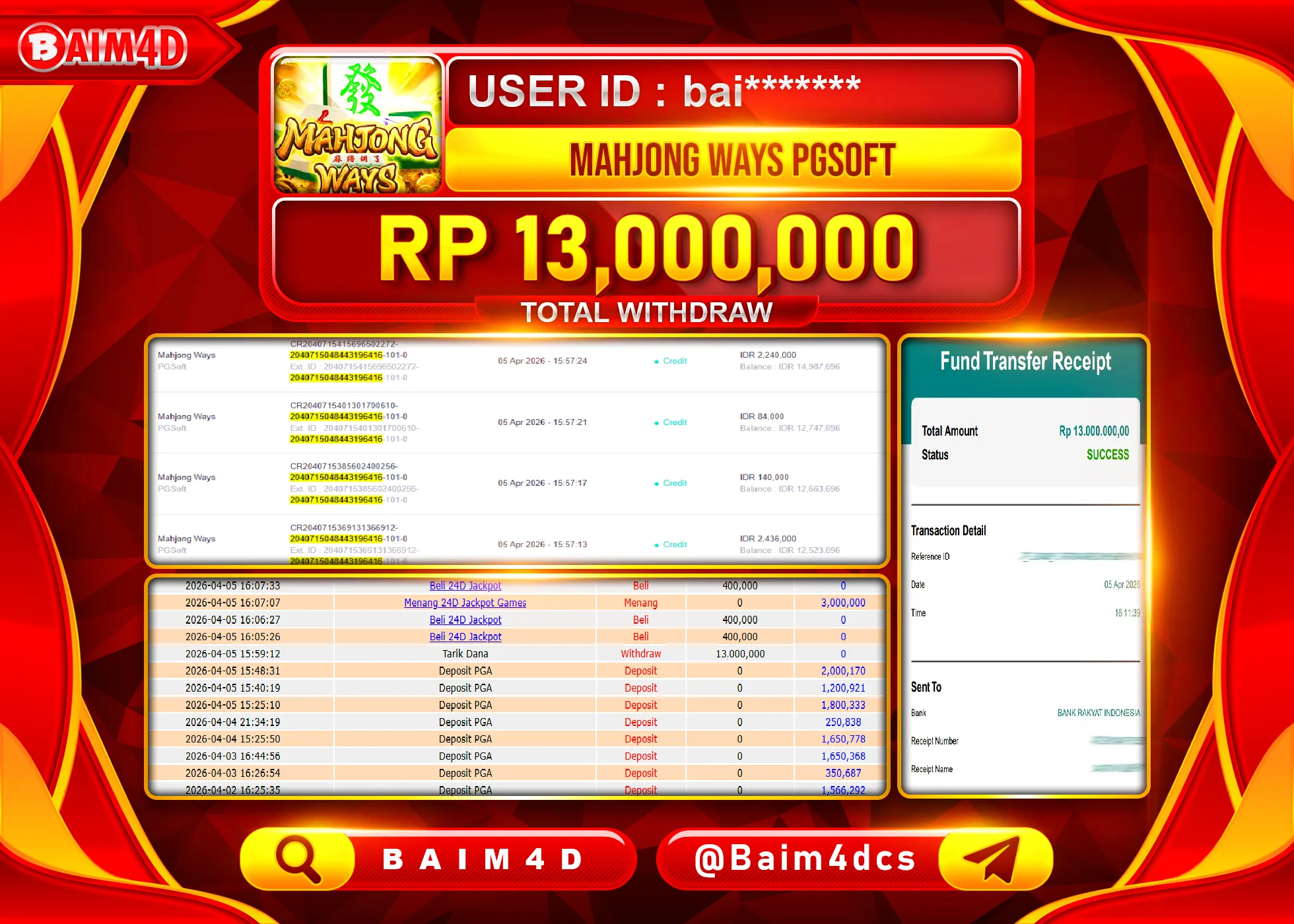BAIM4D JACKPOT  SLOT MAHJONG WAYS  Rp.13,000,000 - LUNAS
