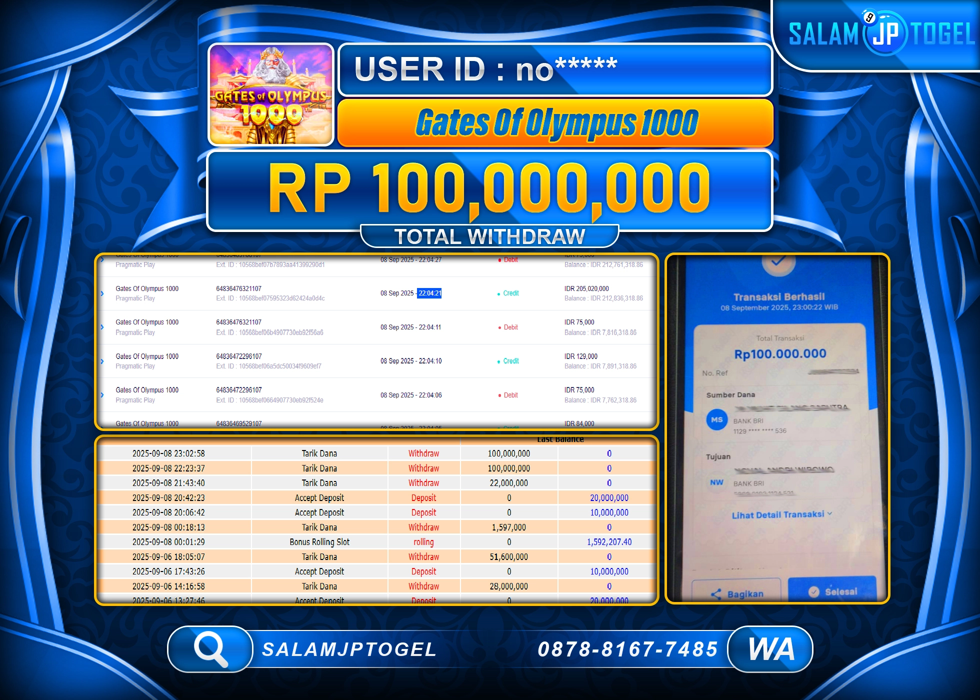 SALAMJPTOGEL MENANG GATES OF OLYMPUS 1000  Rp.100,000,000