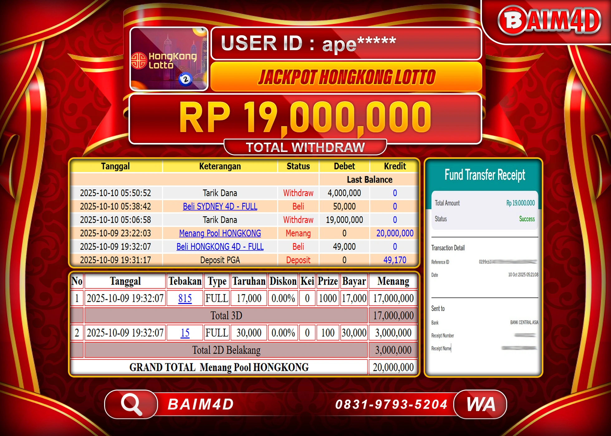 BAIM4D JACKPOT TOGEL HONGKONG LOTTO Rp.19,000,000.- LUNAS
