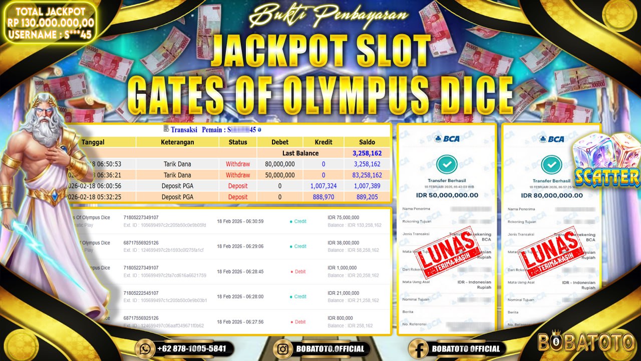 BOBATOTO JACKPOT SLOT PRAGMATIC GATES OF OLYMPUS DICE Rp.130,000,000,- LUNAS!!