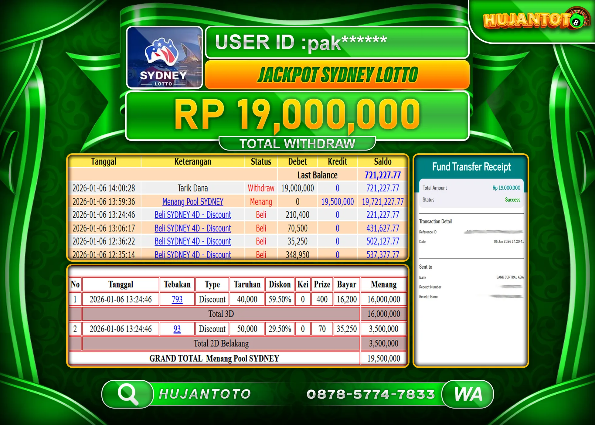 HUJANTOTO - BUKTI JACKPOT MENANG TOGEL PASARAN SYDNEY LOTTO Rp.19,000,000 - TERBAYAR LUNAS