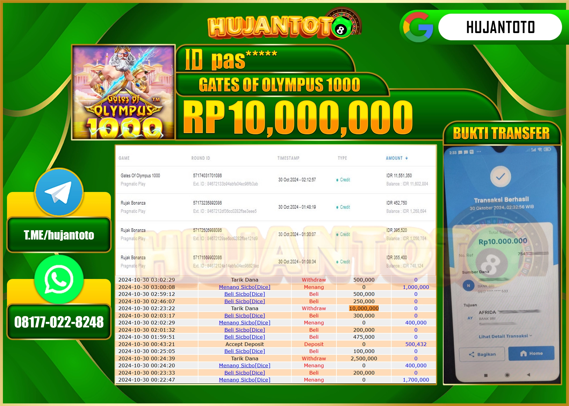 HUJANTOTO MENANG DI PERMAINAN GATES OF OLYMPUS 1000, - 10,000,000 - LUNAS