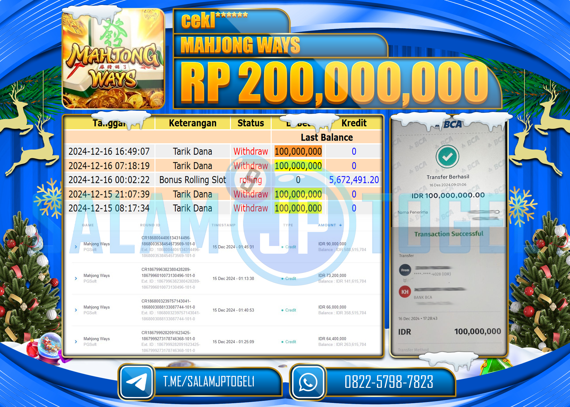 SALAMJPTOGEL MENANG SLOT PG SOFT MAHJONG WAYS Rp.200,000,000 LUNAS
