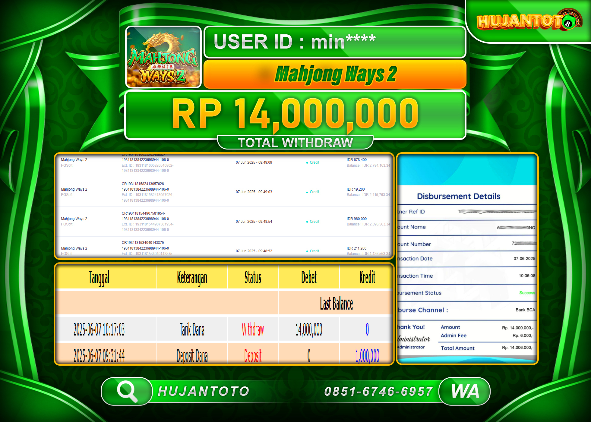 HUJANTOTO - BUKTI JACKPOT MENANG SLOT MAHJONG WAYS 2 Rp,14,000,000 - TERBAYAR LUNAS