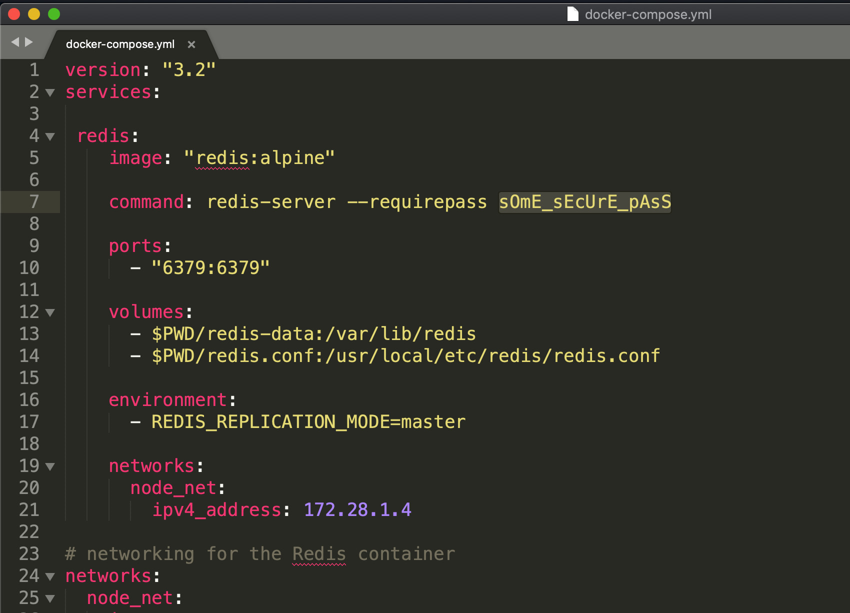 Screenshot of Sublime text editor editing docker-compose file for Redis
