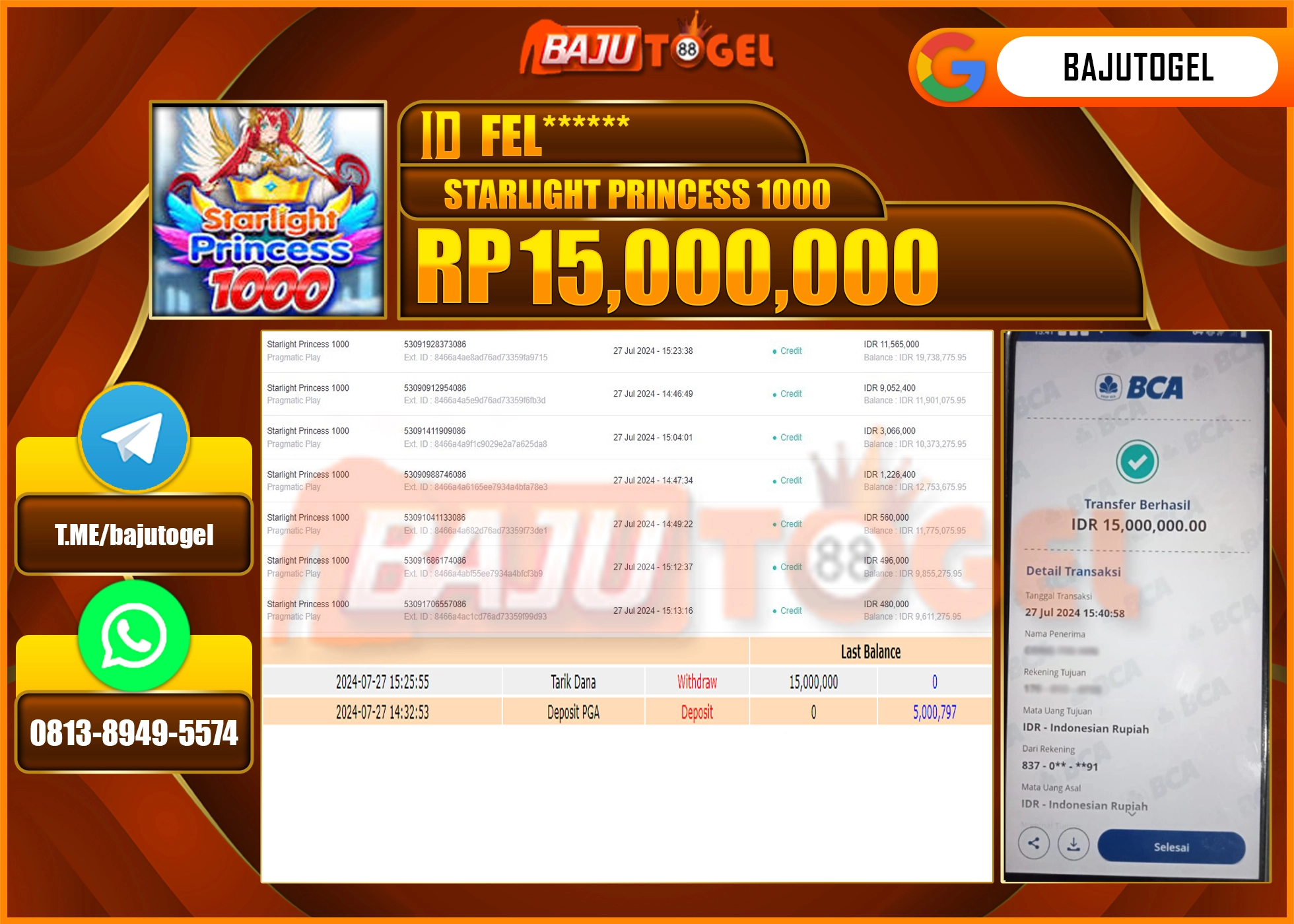BAJUTOGEL JACKPOT SLOT STARLIGHT PRINCES 1000 Rp.15.000.000 LUNAS
