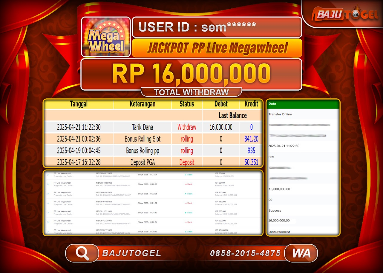 BAJUTOGEL KEMENANGAN PP LIVE MEGAWHEEL Rp.16.000.000 LUNAS