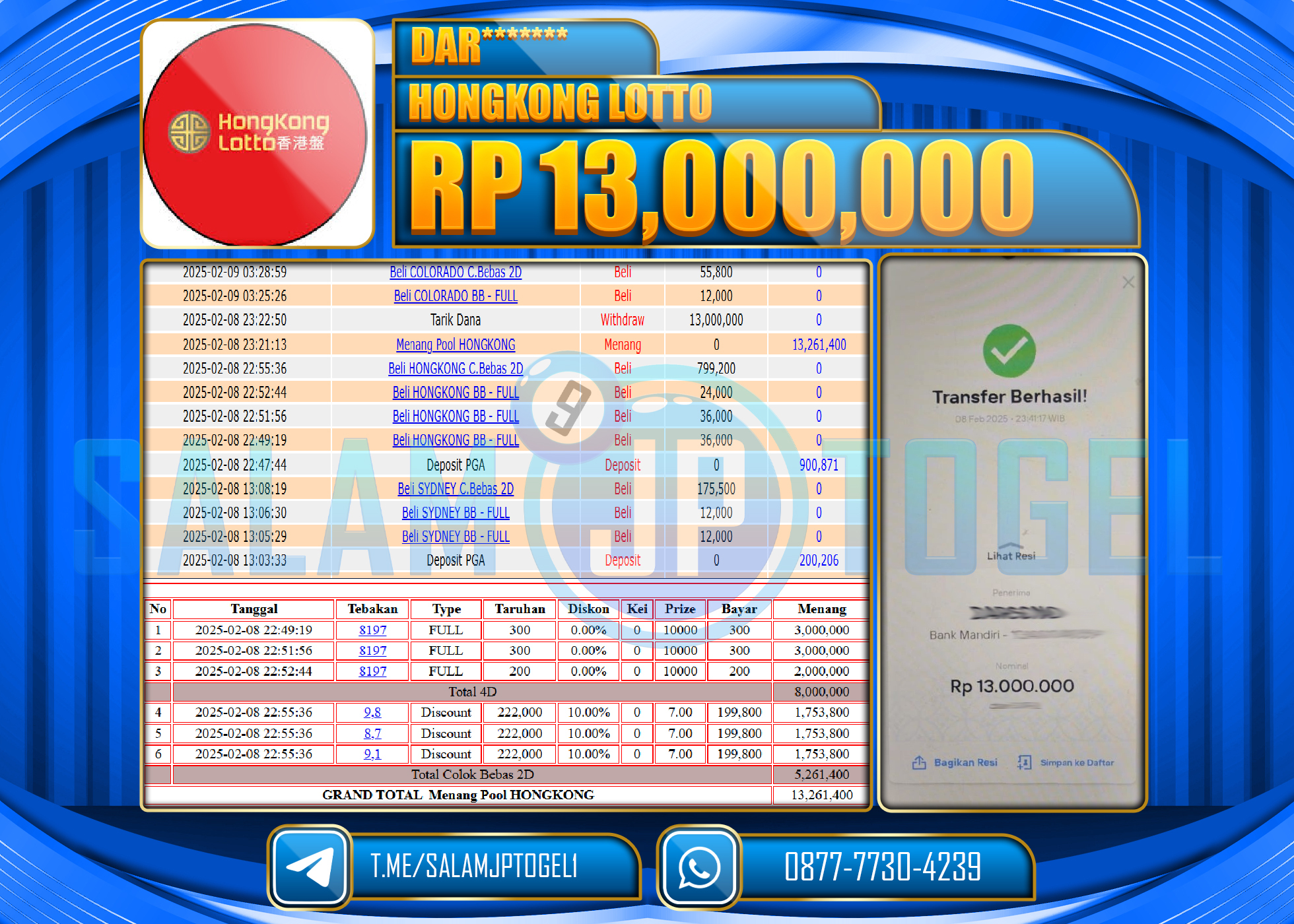 SALAMJPTOGEL MENANG TOGEL HONGKONG LOTTO Rp.13,000,000 LUNAS