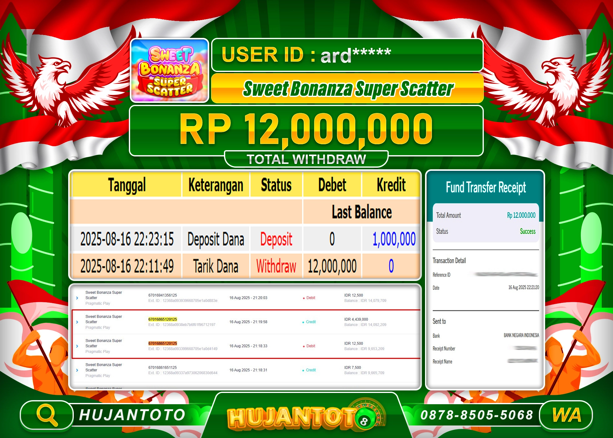 HUJANTOTO - BUKTI JACKPOT SWEET BONANZA SUPER SCATTER Rp.12,000,000 - TERBAYAR LUNAS