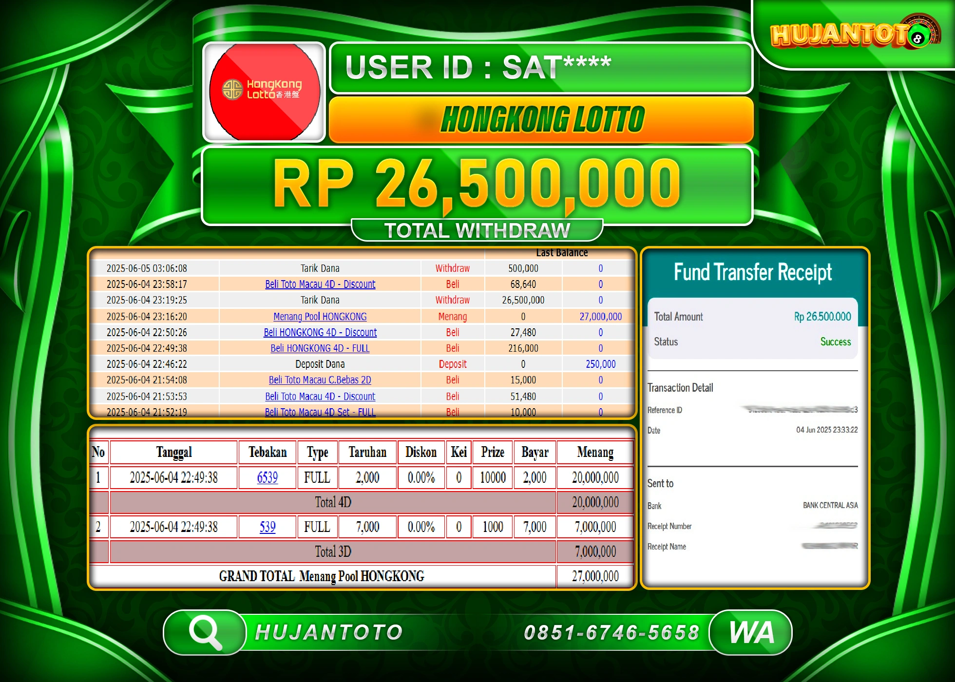 HUJANTOTO - BUKTI JACKPOT MENANG TOGEL HONGKONG LOTTO  Rp.26,500,000 - TERBAYAR LUNAS