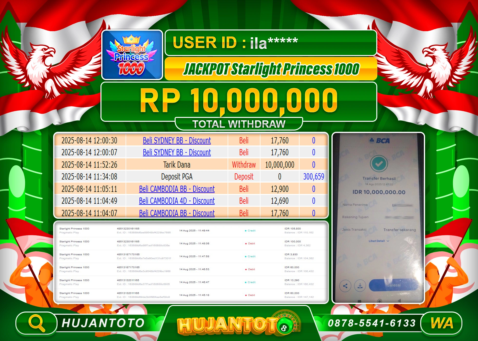 HUJANTOTO - BUKTI JACKPOT MENANG STARLIGHT PRINCESS 1000 Rp.10,000,000 - TERBAYAR LUNAS