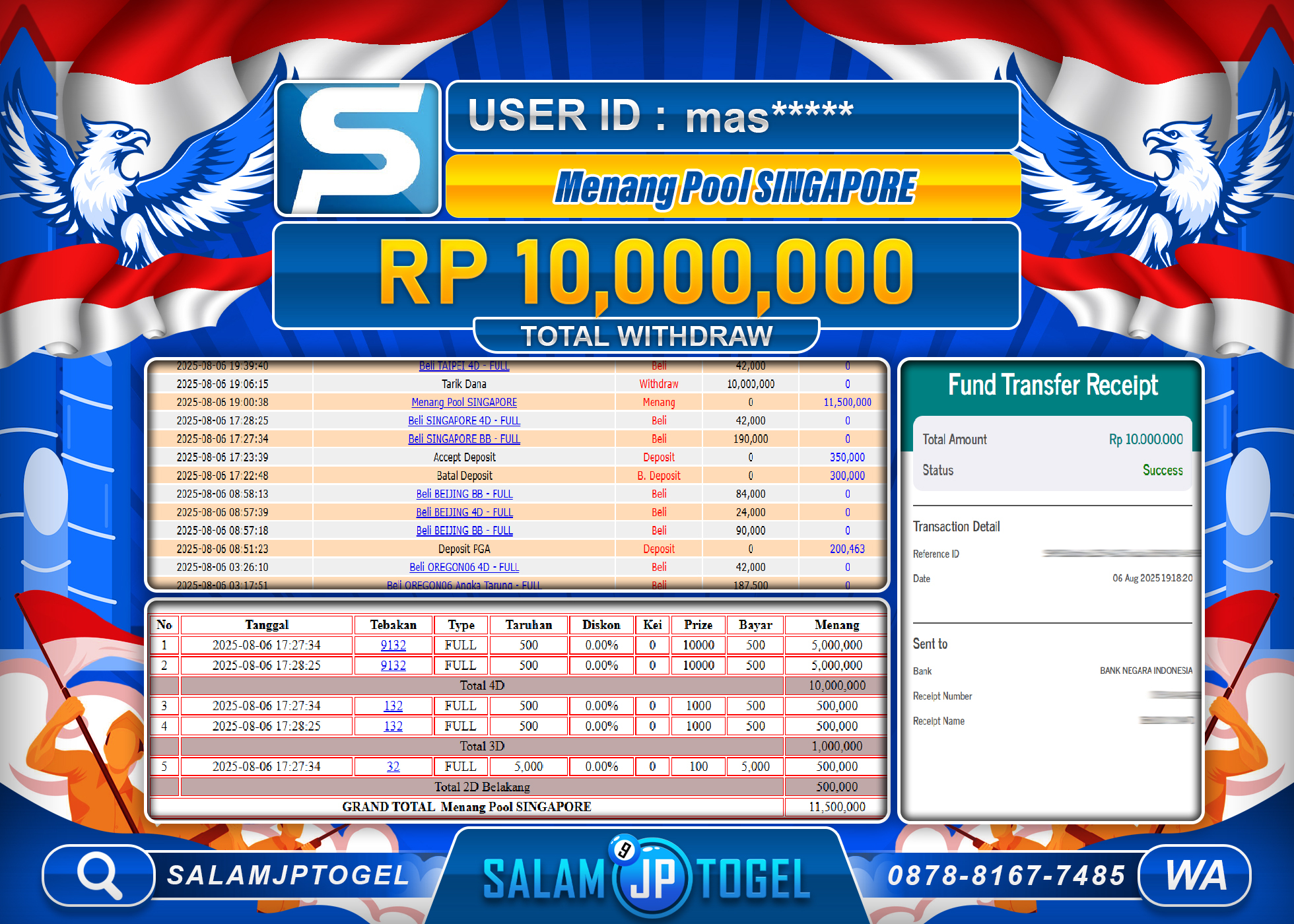 SALAMJPTOGEL MENANG POOL SINGAPORE  Rp.10,000,000