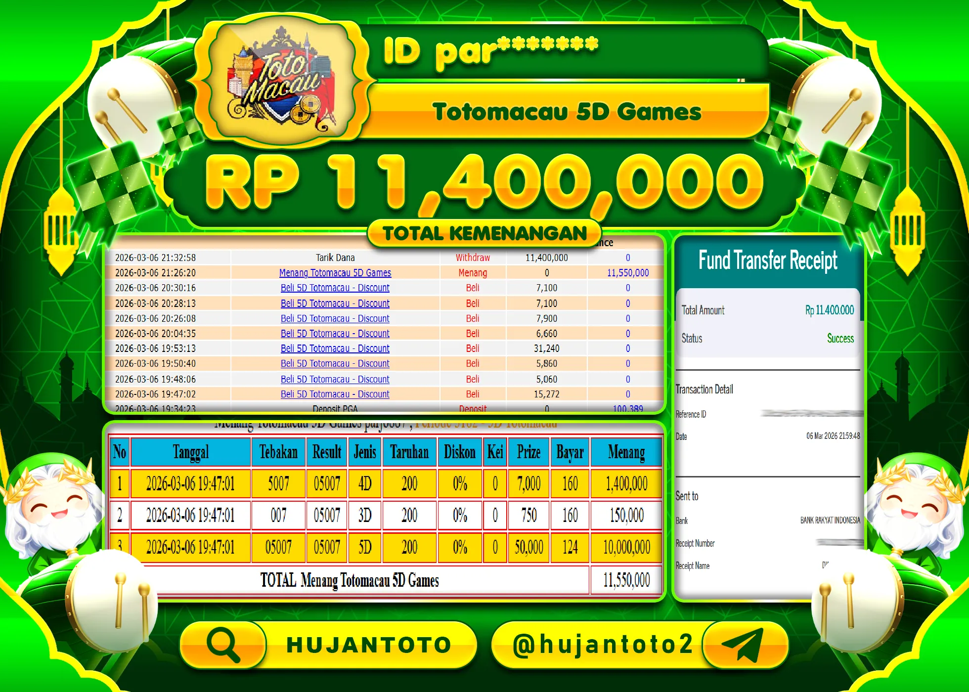 HUJANTOTO - BUKTI JACKPOT MENANG TOGEL TOTO MACAU 5D Rp.11,400,000 - TERBAYAR LUNAS