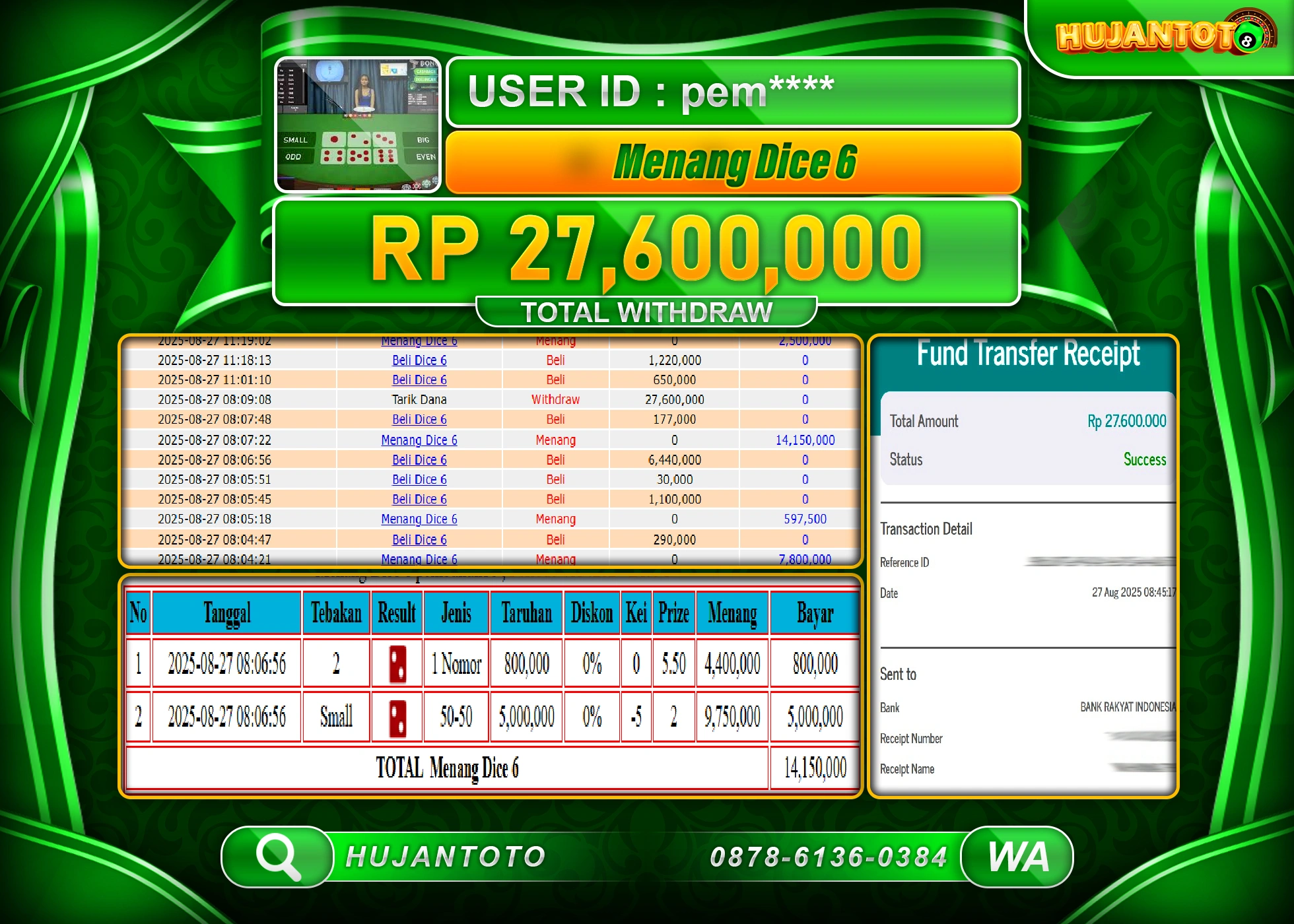 HUJANTOTO - BUKTI JACKPOT MENANG LIVEGAME DICE 6 Rp.27,600,000 - TERBAYAR LUNAS