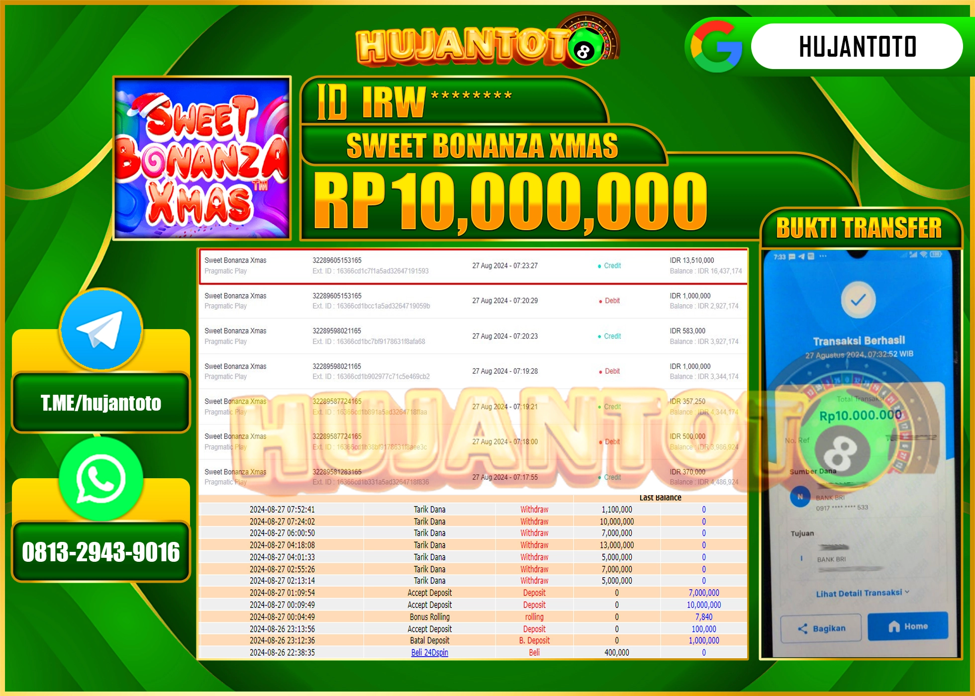 HUJANTOTO MENANG BESAR DI PERMAINAN SLOT SWEET BONANZA XMAS , 10.000.000 - LUNAS 