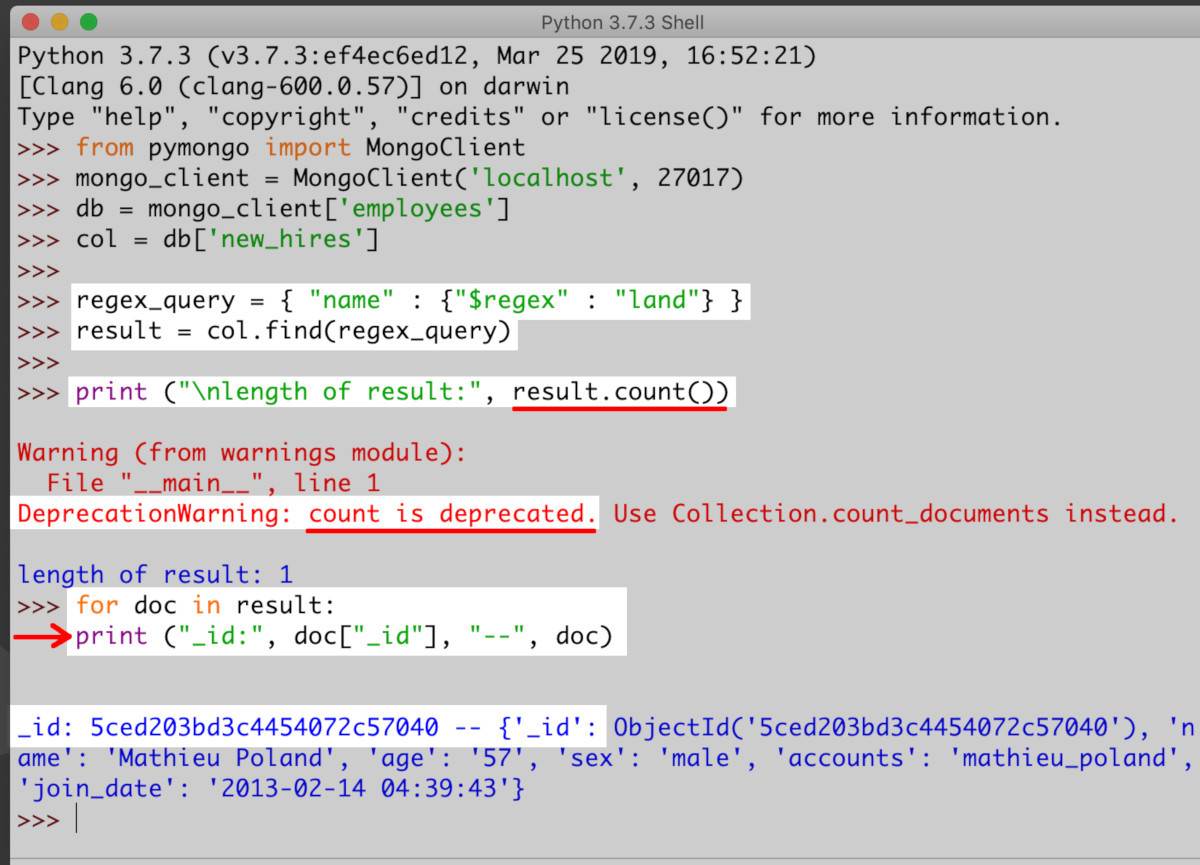 Screenshot of Python's IDLE making a regex query to MongoDB and returning a result