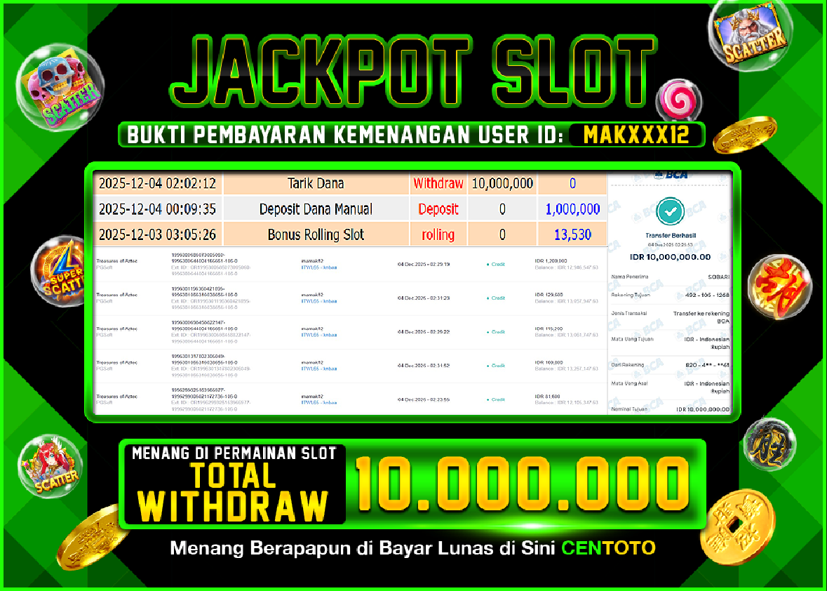 BUKTI JACKPOT SLOT CENTOTO  RP.10.000.000,-LUNAS