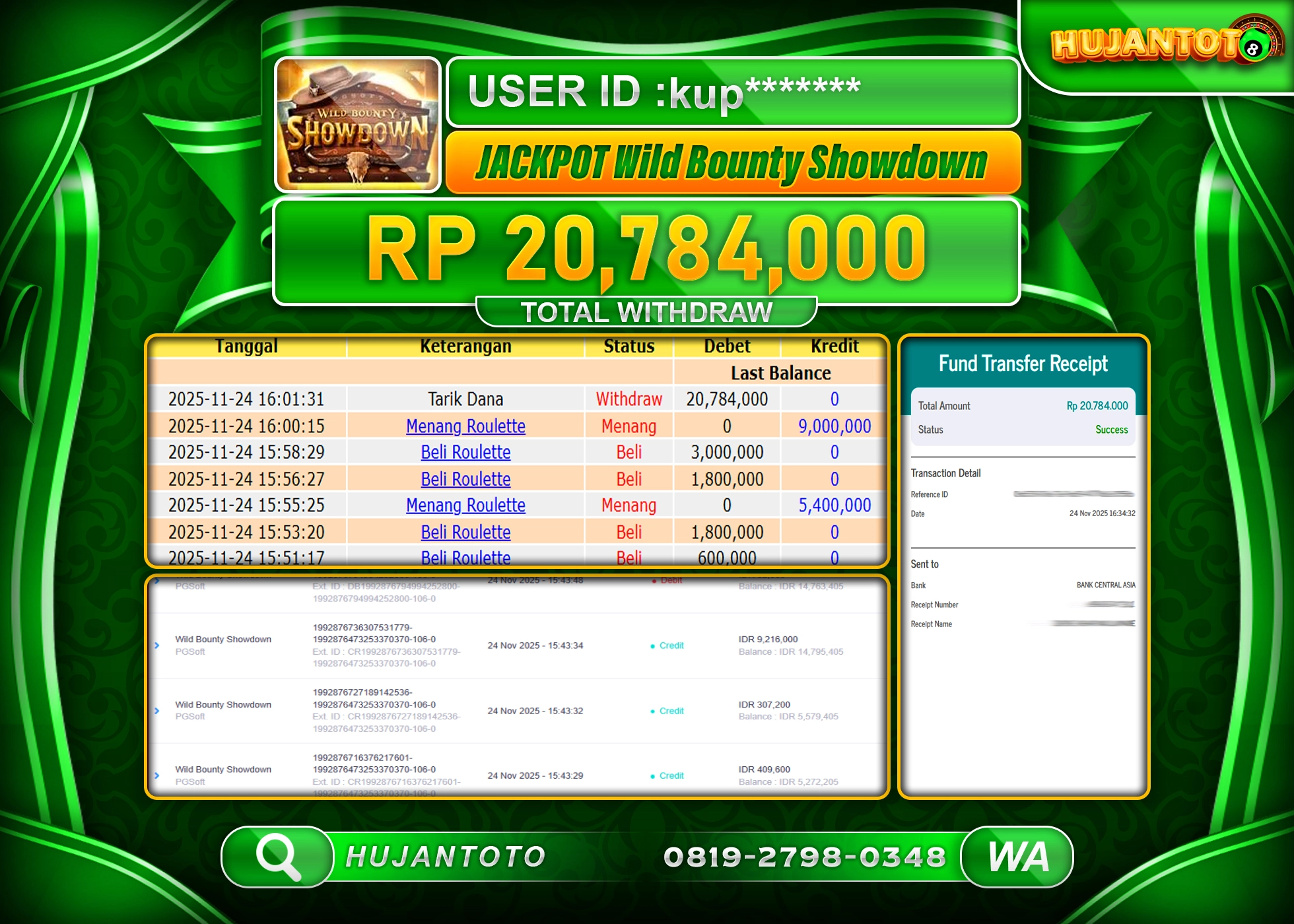 HUJANTOTO - BUKTI JACKPOT MENANG SLOT WILD BOUNTY SHOWDOW Rp.20,784,000 - TERBAYAR LUNAS