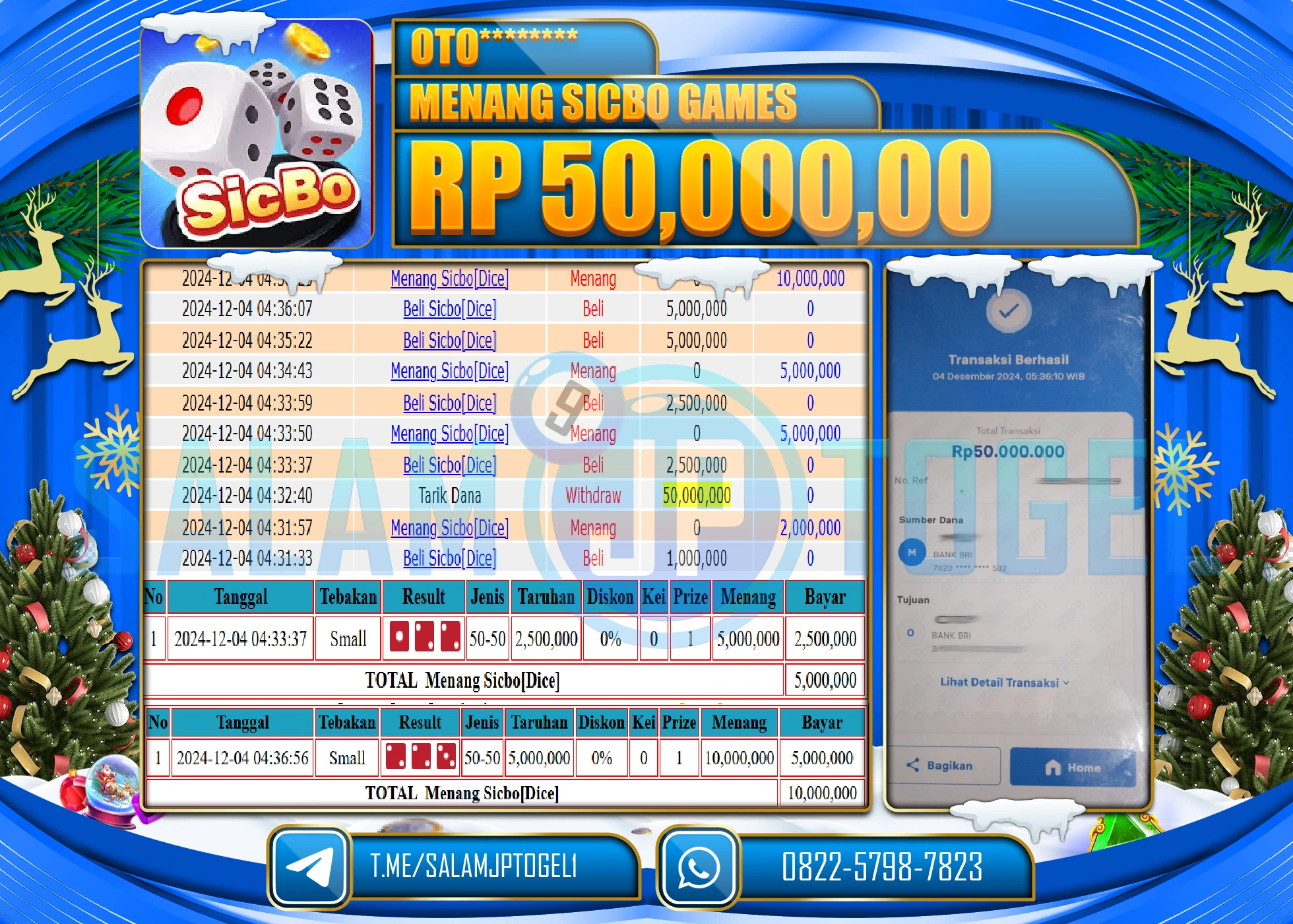 SALAMJPTOGEL MENANG LIVEGAME SICBO GAMES RP. 50,000,000 LUNAS