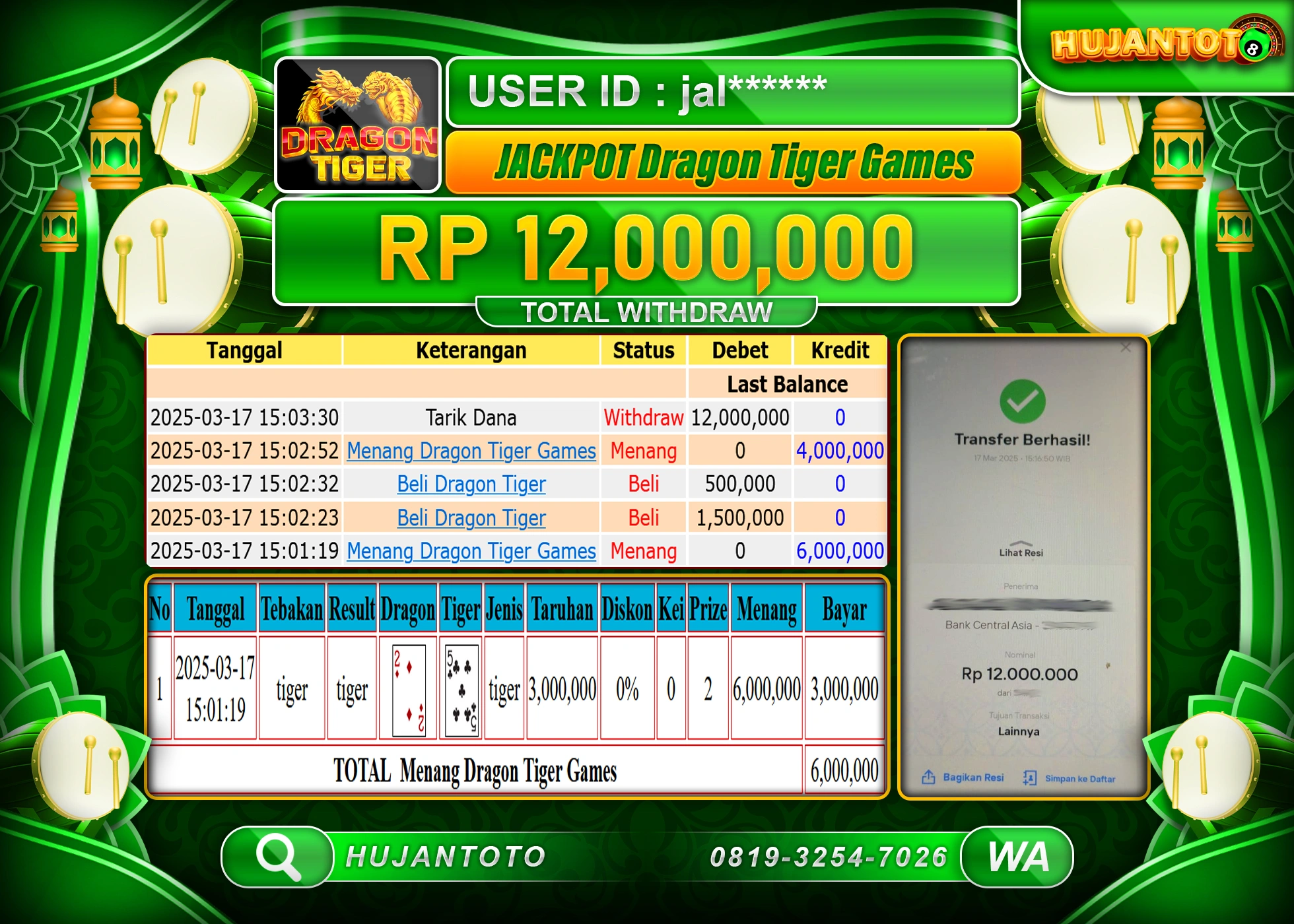 HUJANTOTO - BUKTI JACKPOT MENANG SLOT DRAGON TIGER GAMES  Rp,12,000,000  - TERBAYAR LUNAS 